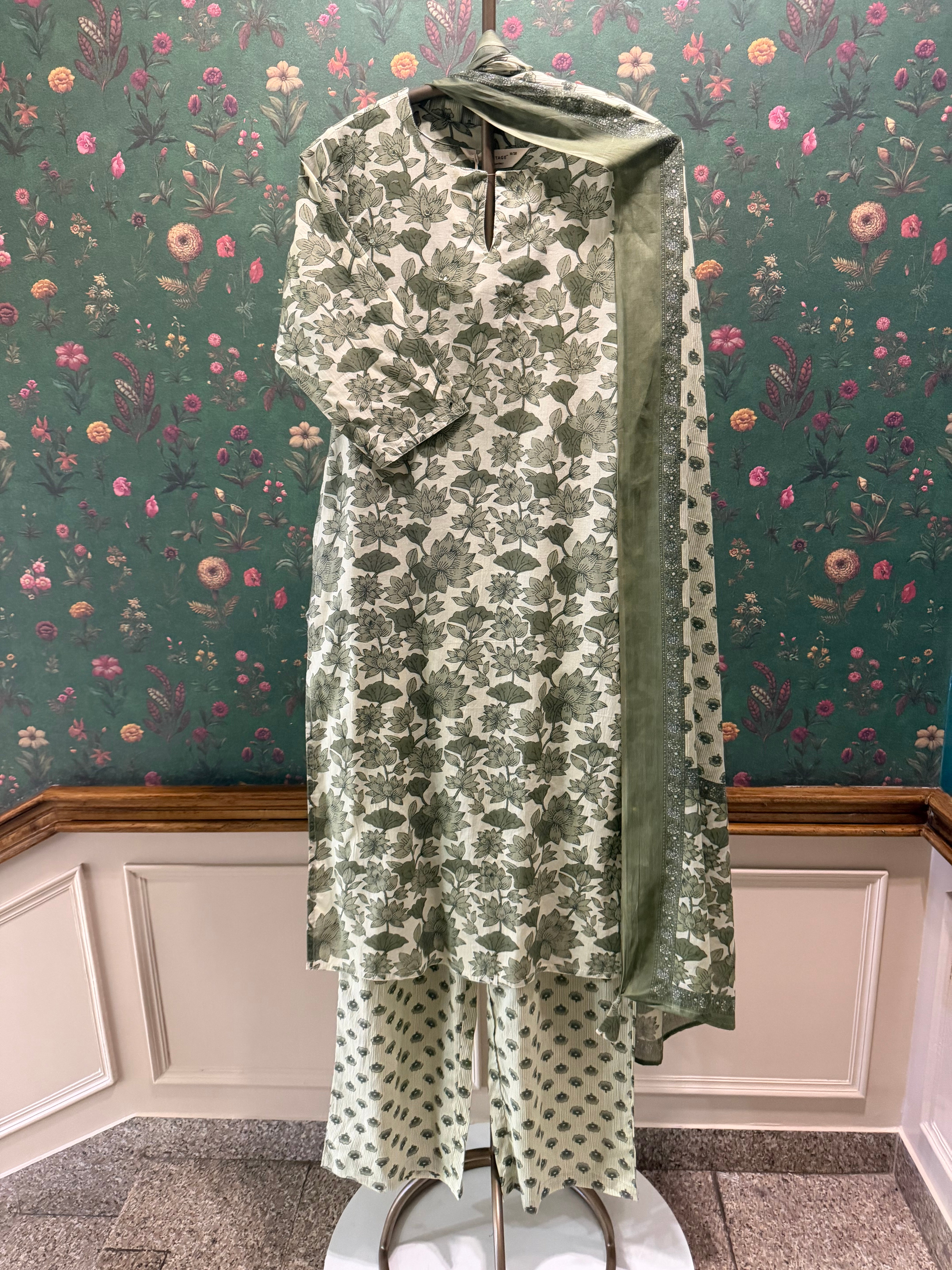 Sage Green Floral Printed Cotton Suit Set | HER-727