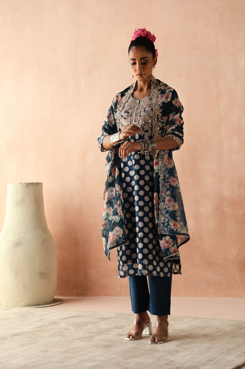 Blue Polka Chanderi Kurta Set | HER-253