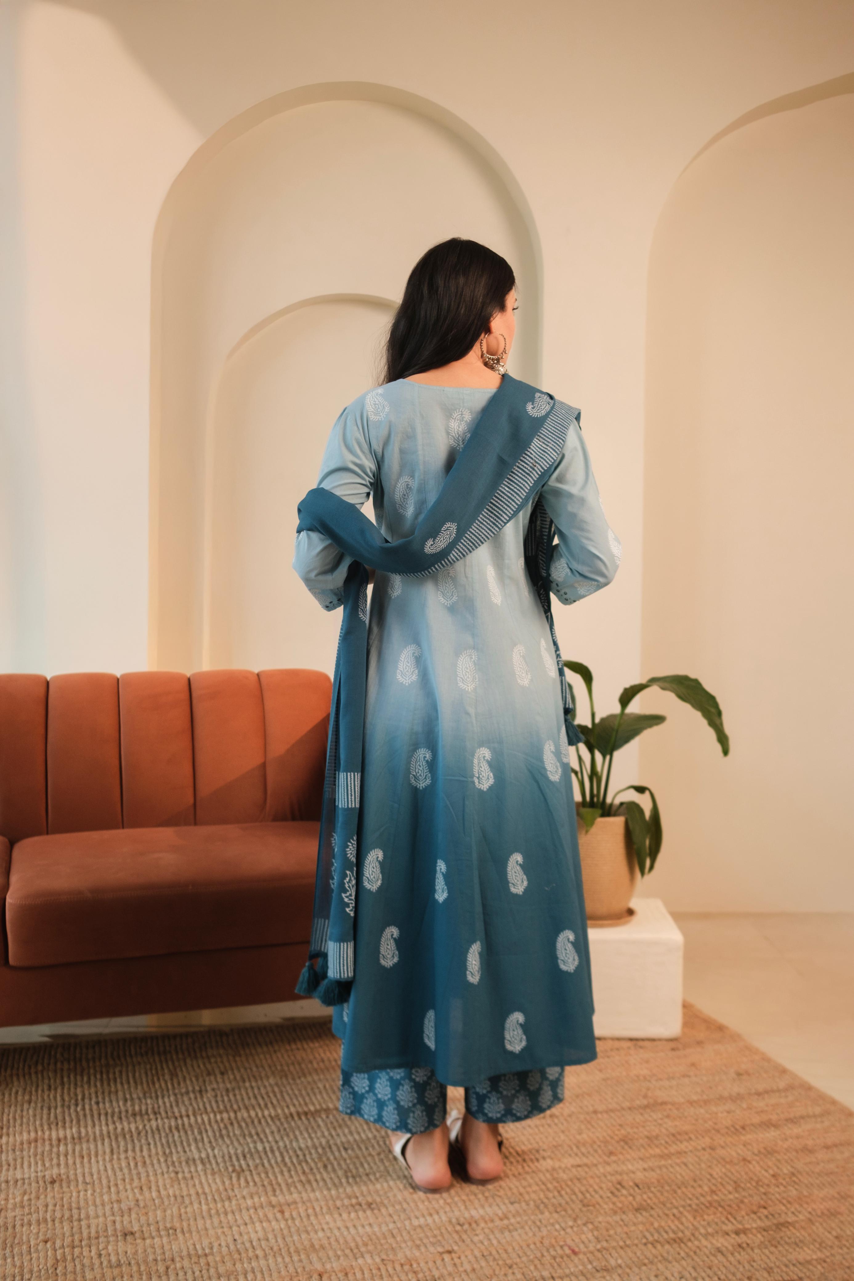 Ombré Blue A-Line Suit Set, with Palazzo Pants | HER-545