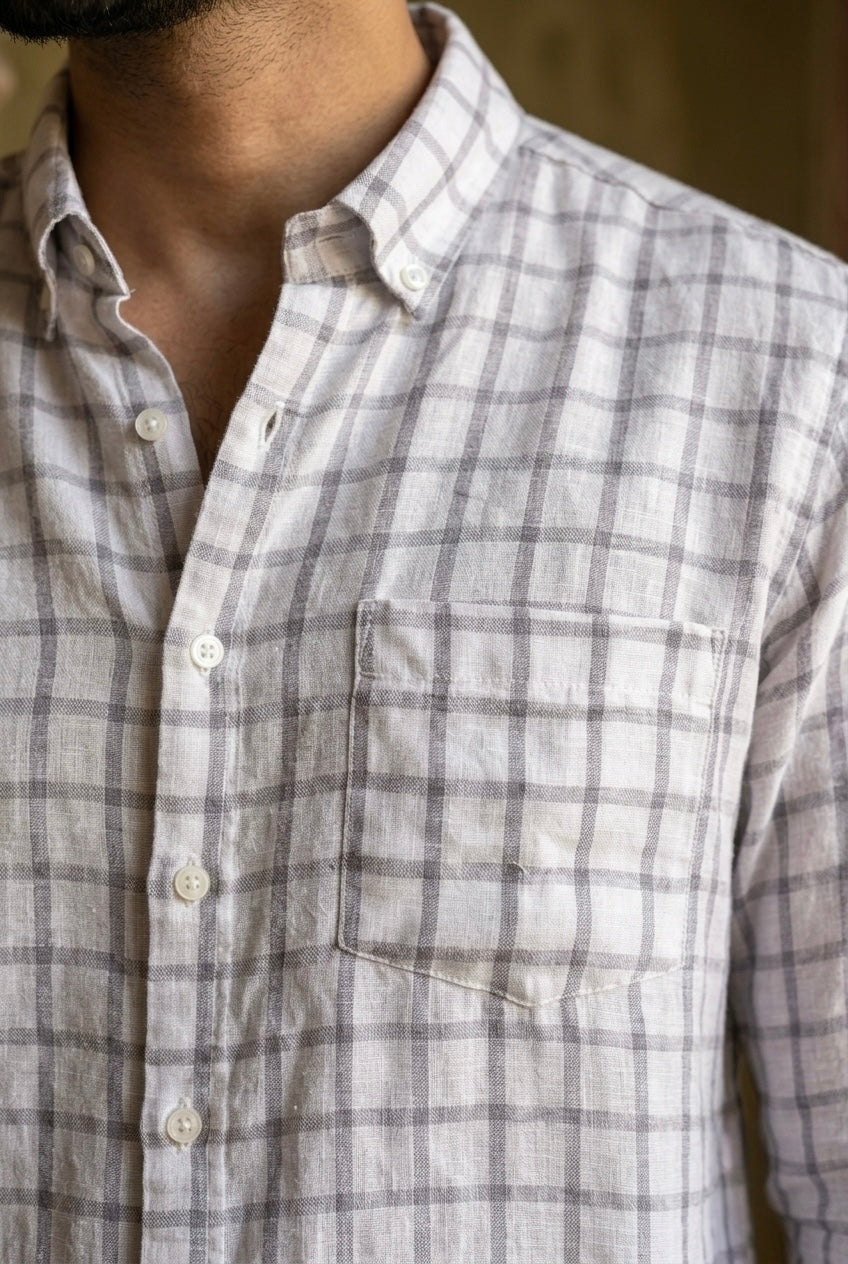 Men’s Ivory Grey Check Pure Linen Full Sleeves Shirt