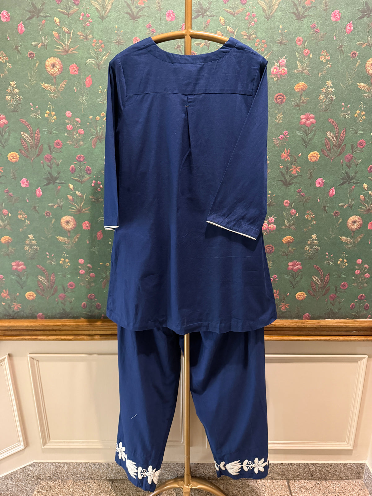 Navy Blue Lotus Embroidered Kurta Set
