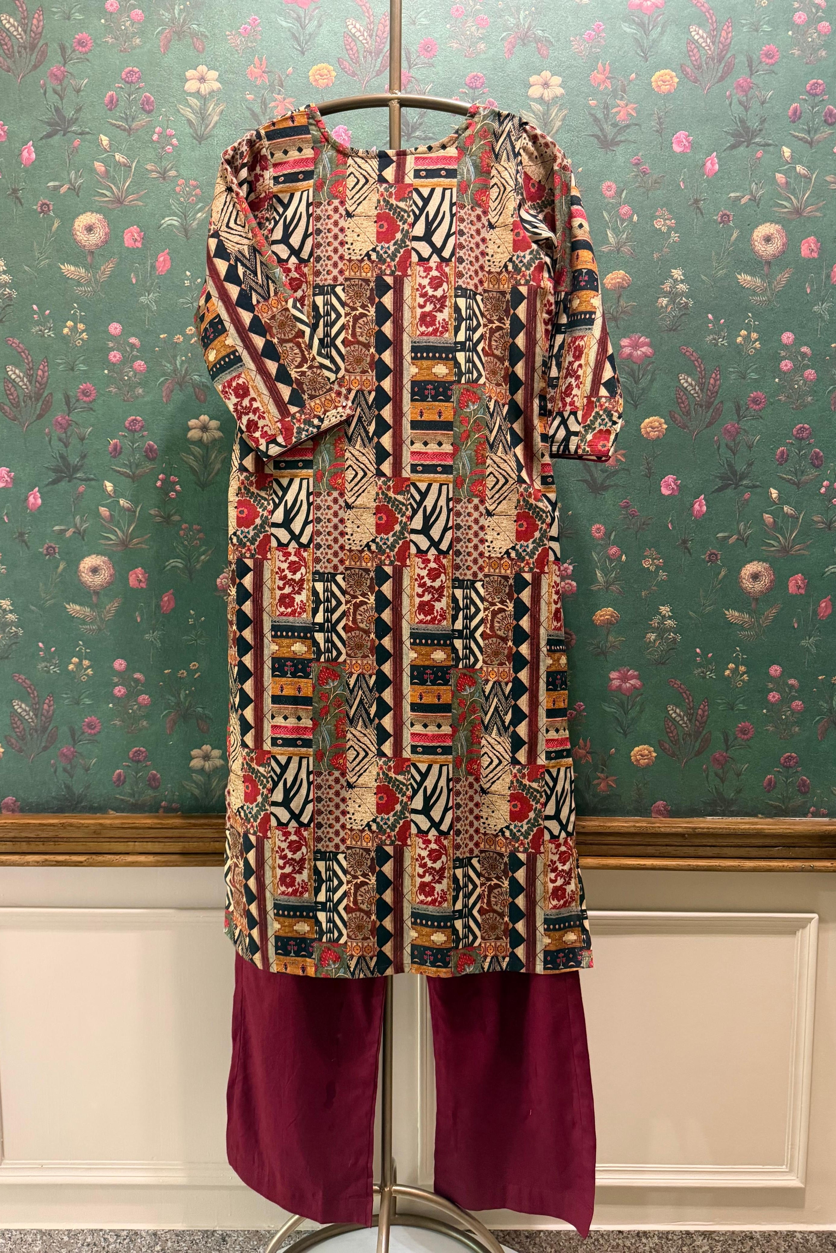 Rangrez Maroon Patchwork Suit Set | HER-645