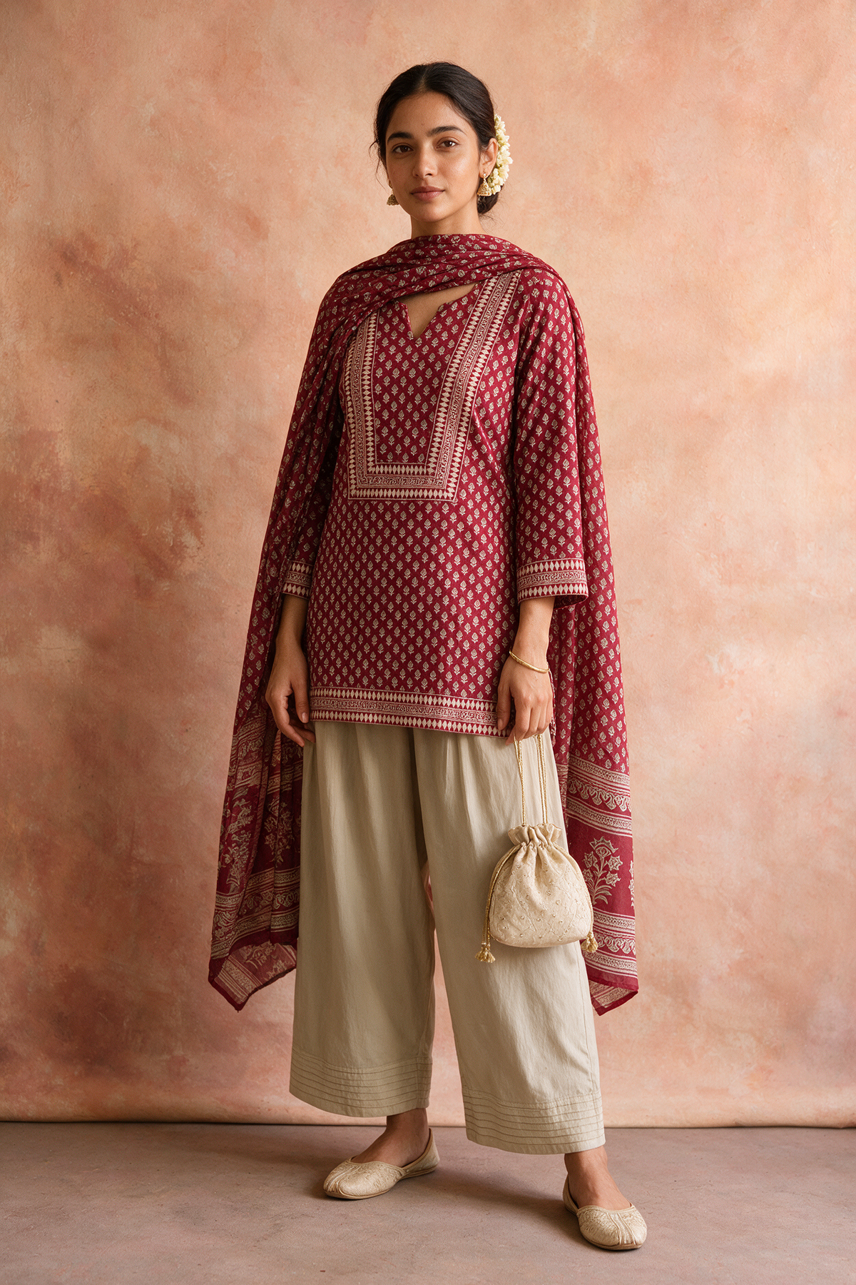 Deep Berry Cotton Printed Farshi Salwar Set