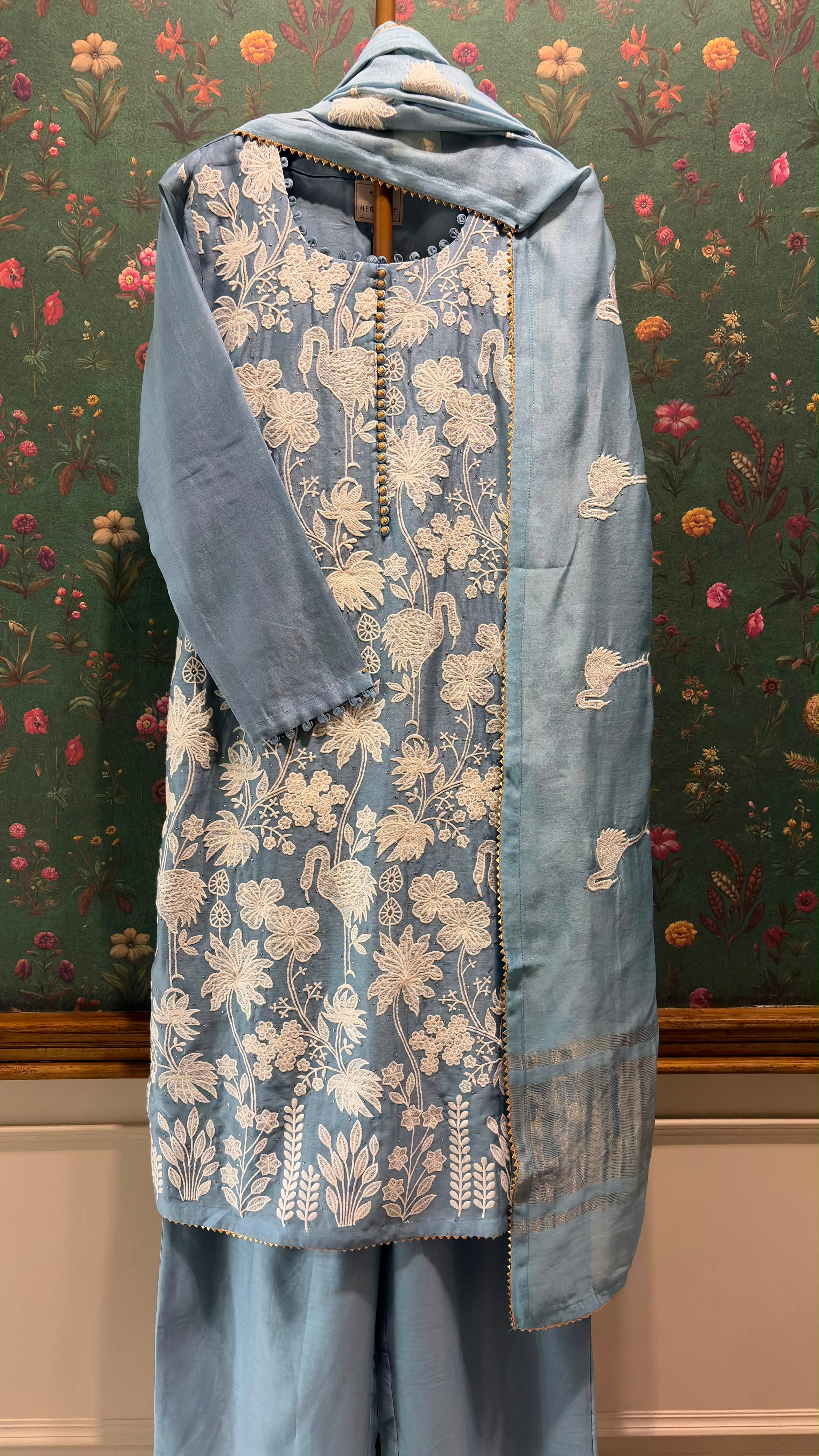 Powder Blue Floral Crane Embroidered Suit Set