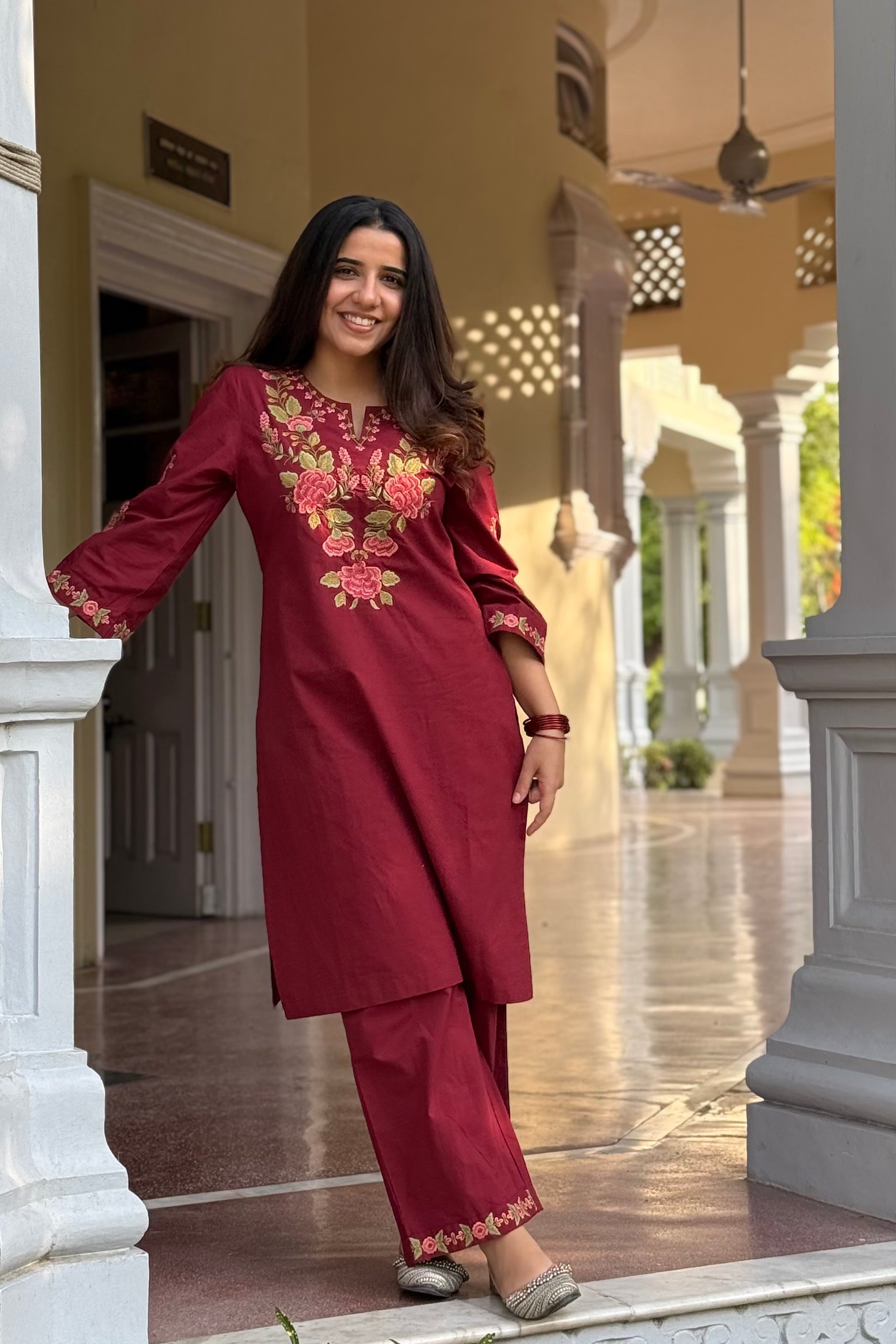 Berry Red Embroidered Kurta Set | HER-721