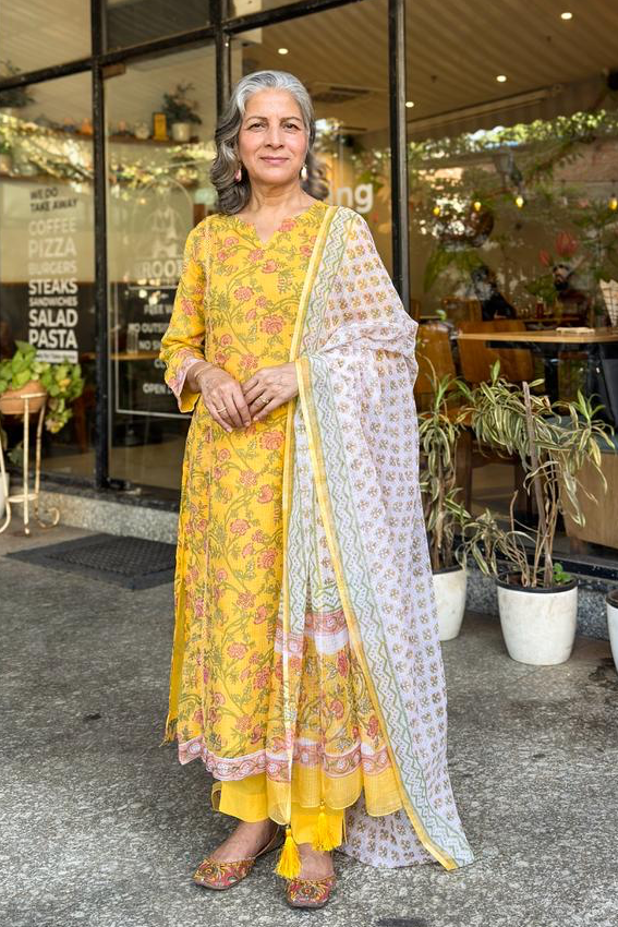 Yellow Floral Printed Suit Set, with Kota Doria Dupatta | HER-756