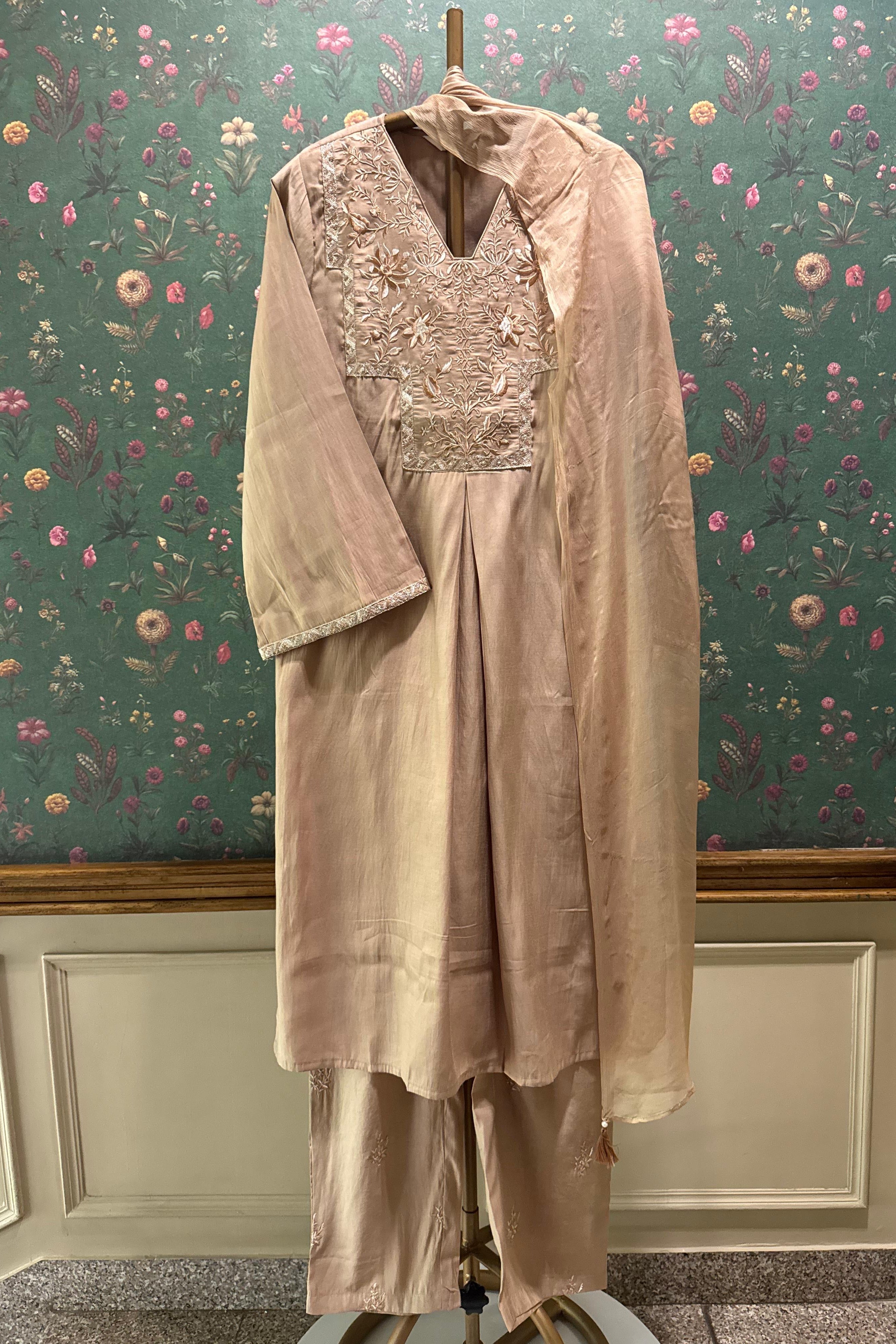 Saanjh Blush Nude Modal Silk Embroidered Suit Set | HER-554