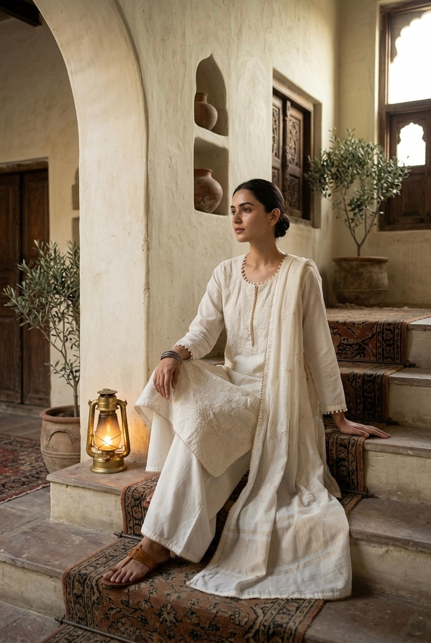 Ivory Floral Crane Embroidered Suit Set