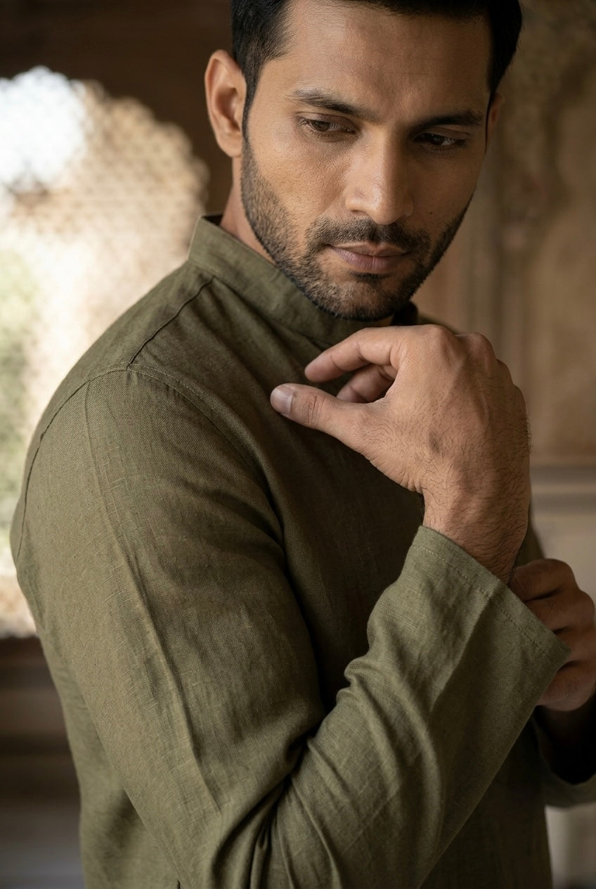 Men’s Pure Linen Kurta Pajama Set – Olive Green