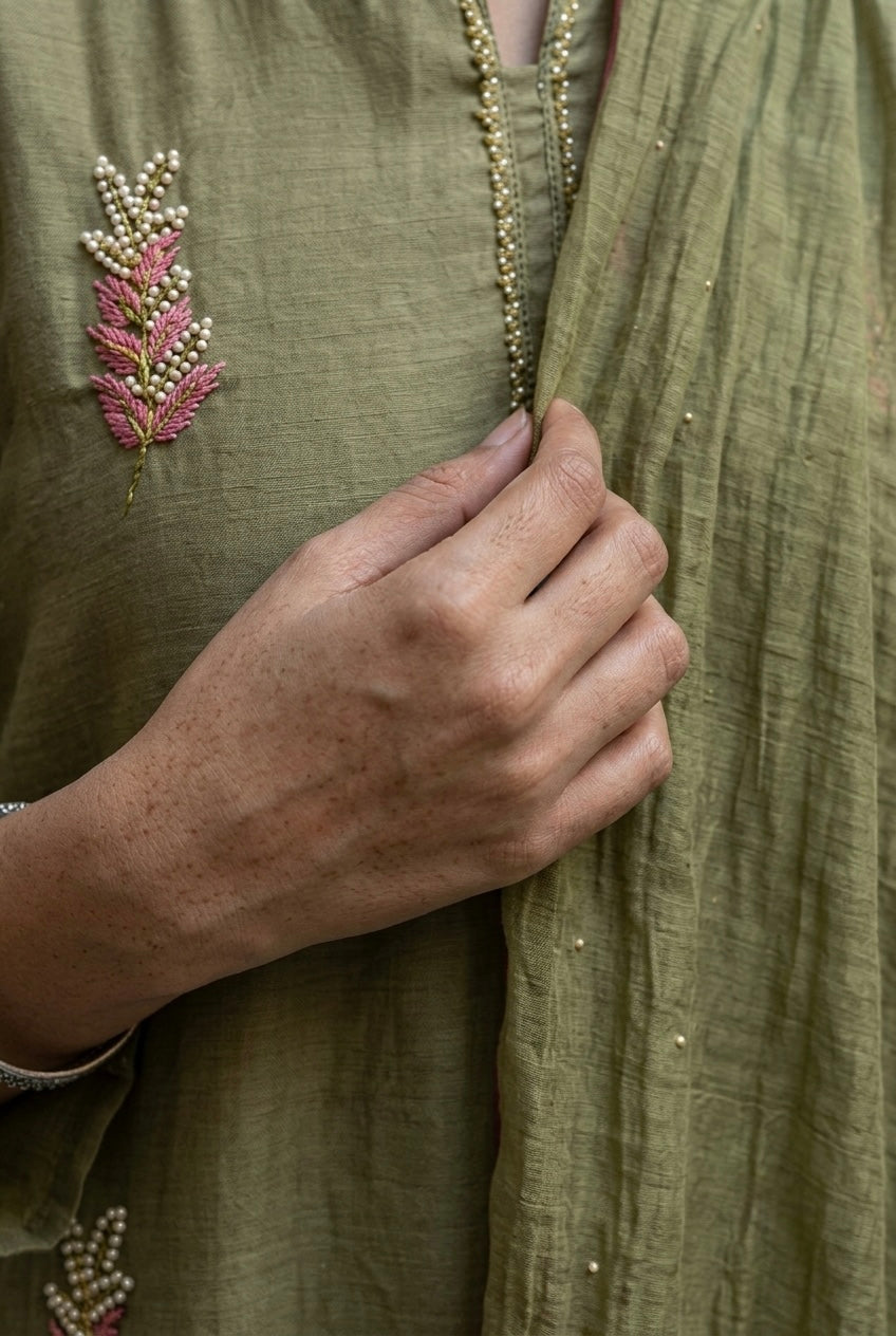 Olive Green Embellished Mul Chanderi A-Line Suit Set