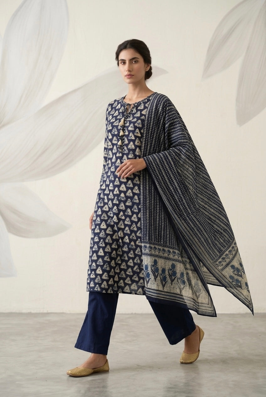 Indigo Blue Batik Printed Cotton Suit Set | HER-675