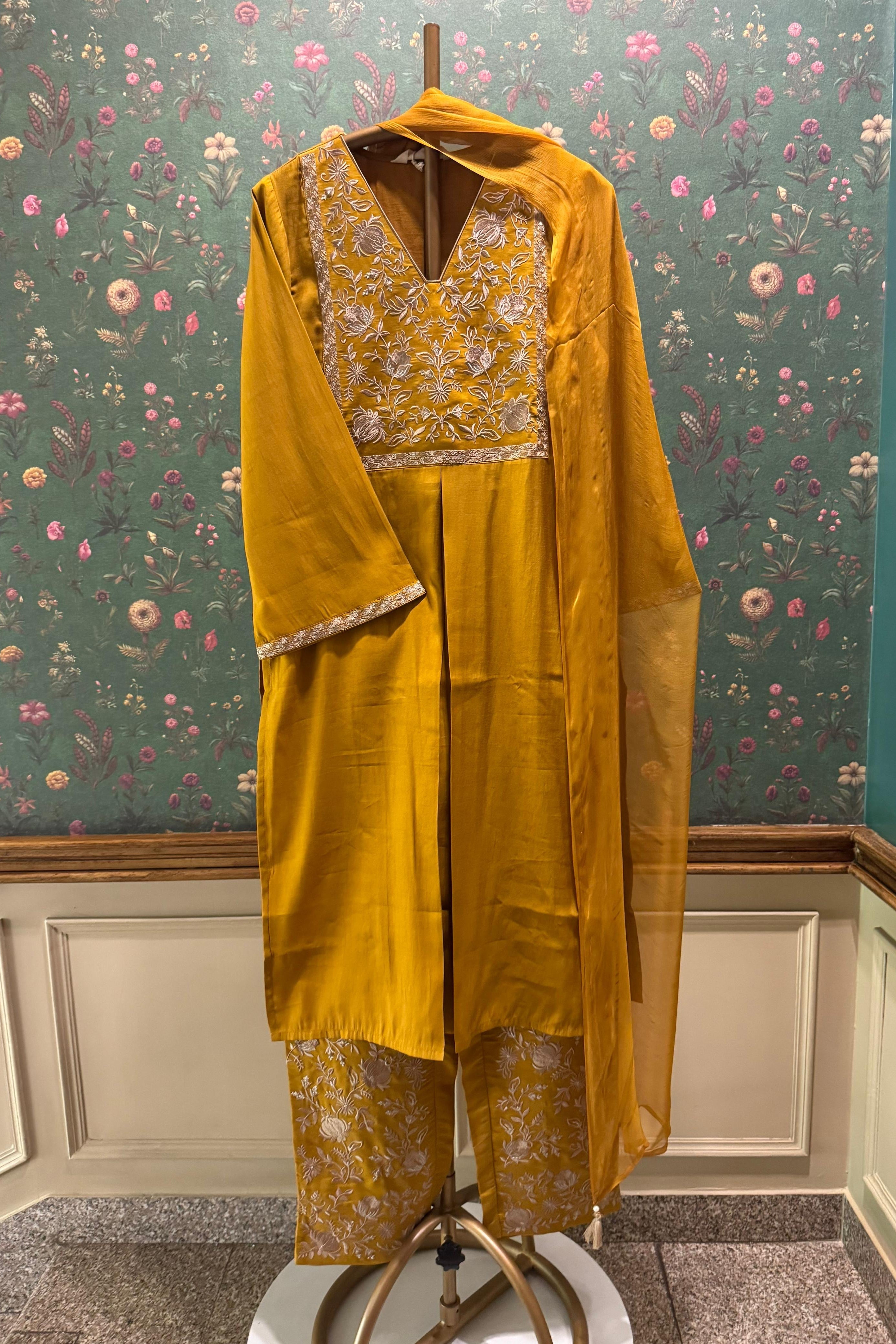 Saanjh Mustard Modal Silk Embroidered Suit Set | HER-553