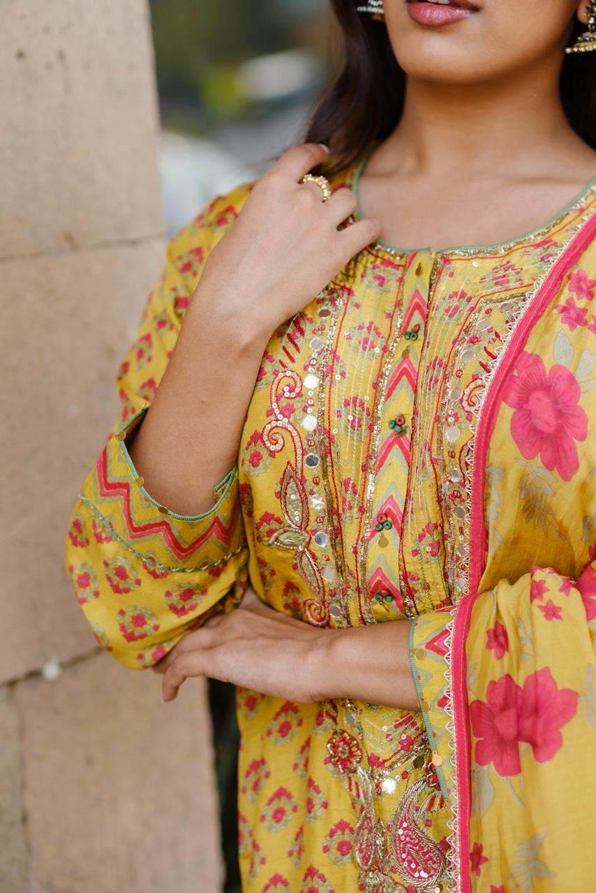 Sunshine Yellow Floral Chanderi Silk Suit Set | HER-636