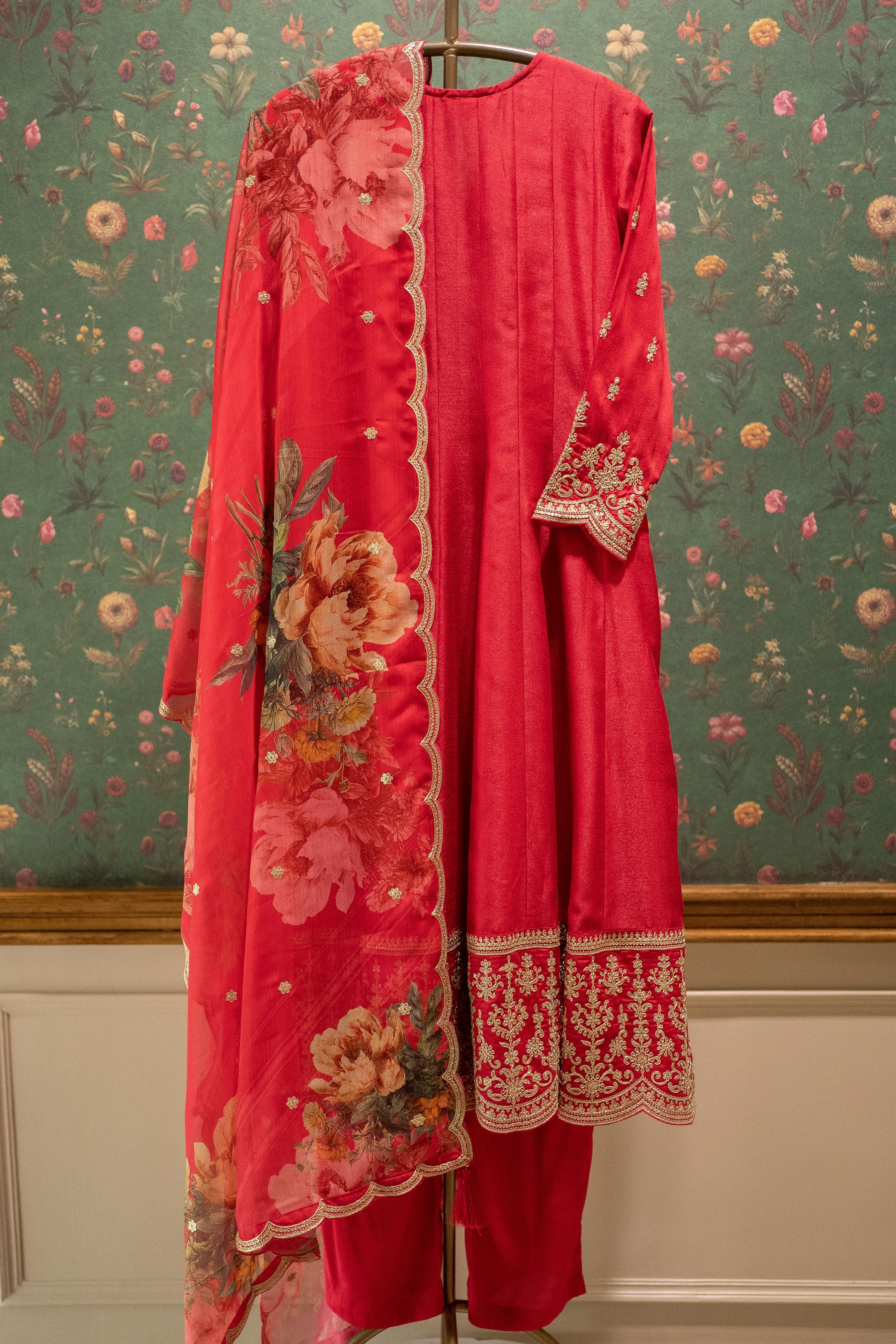 Ruhani Red Satin Silk Suit Set with Golden Embroidery & Floral Organza Dupatta | HER-560