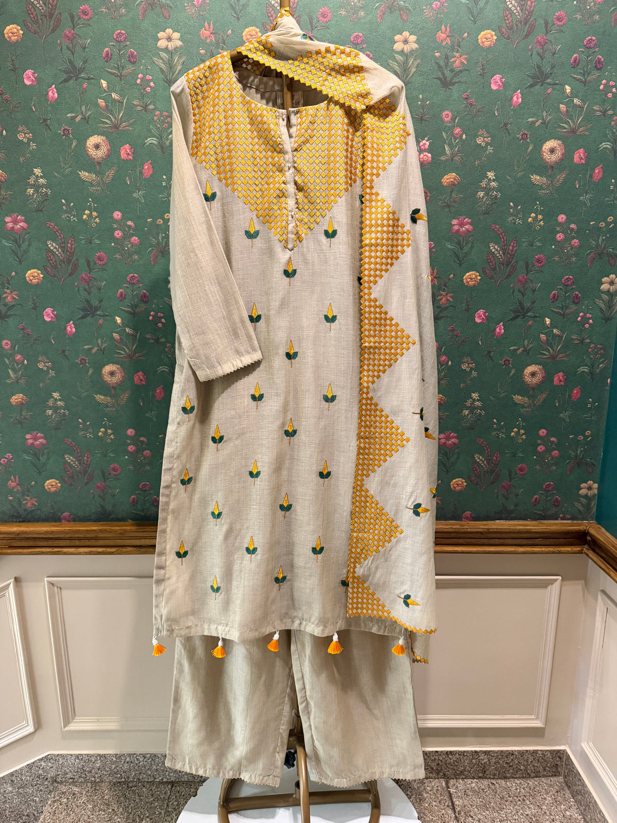 Ivory Beige and Mustard Yellow Embroidered Pure Chanderi Suit Set