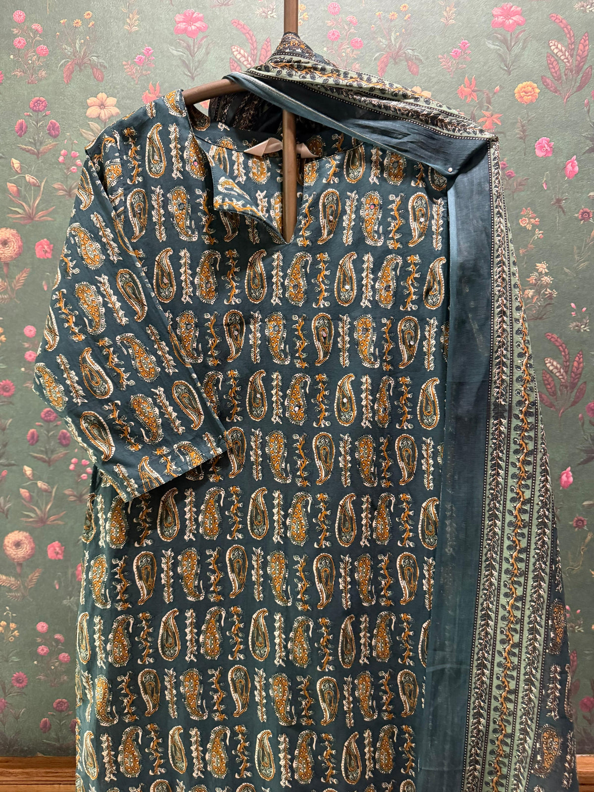 Teal Paisley Printed Cotton Suit Set | HER-734