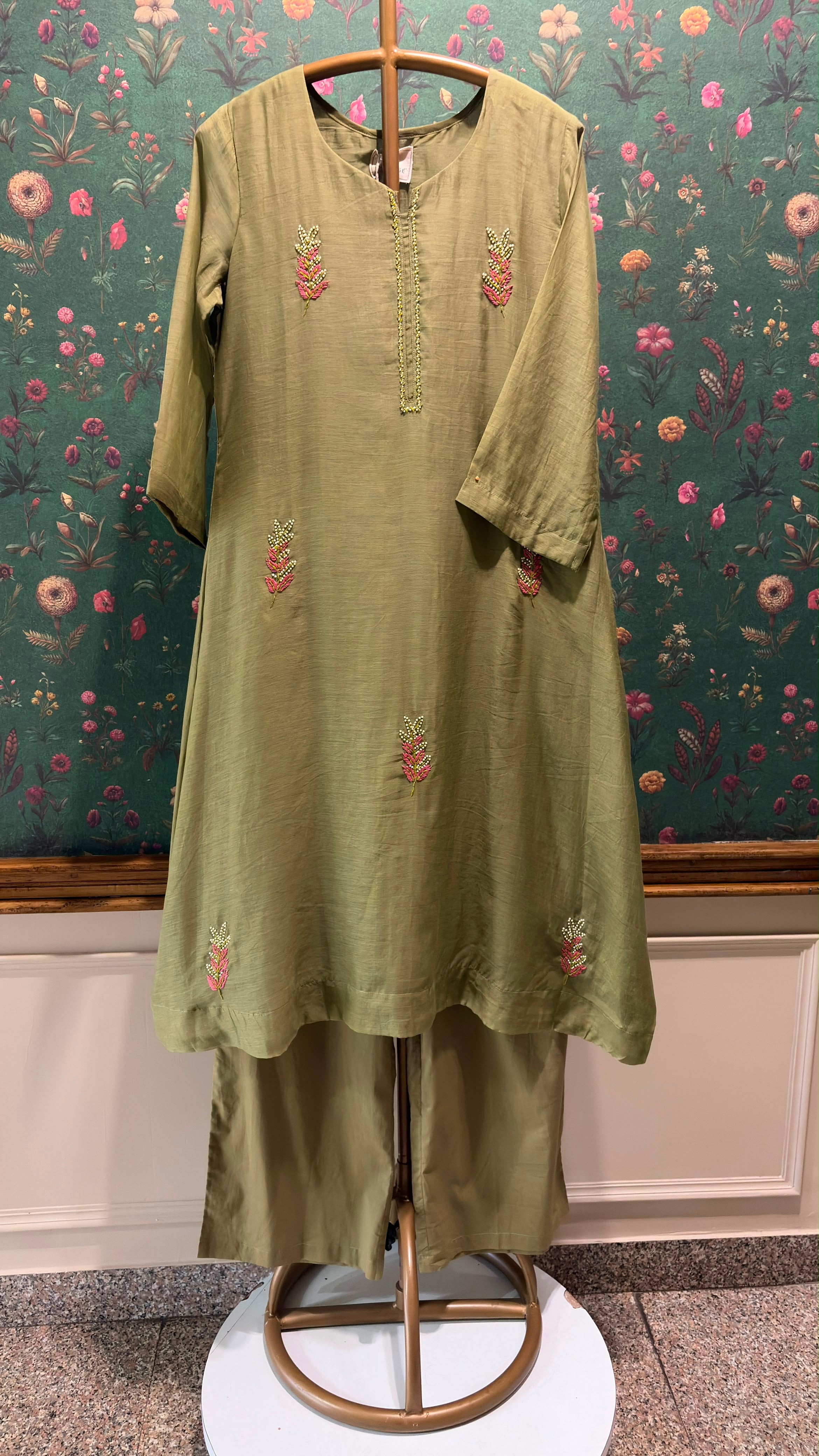 Olive Green Embellished Mul Chanderi A-Line Suit Set