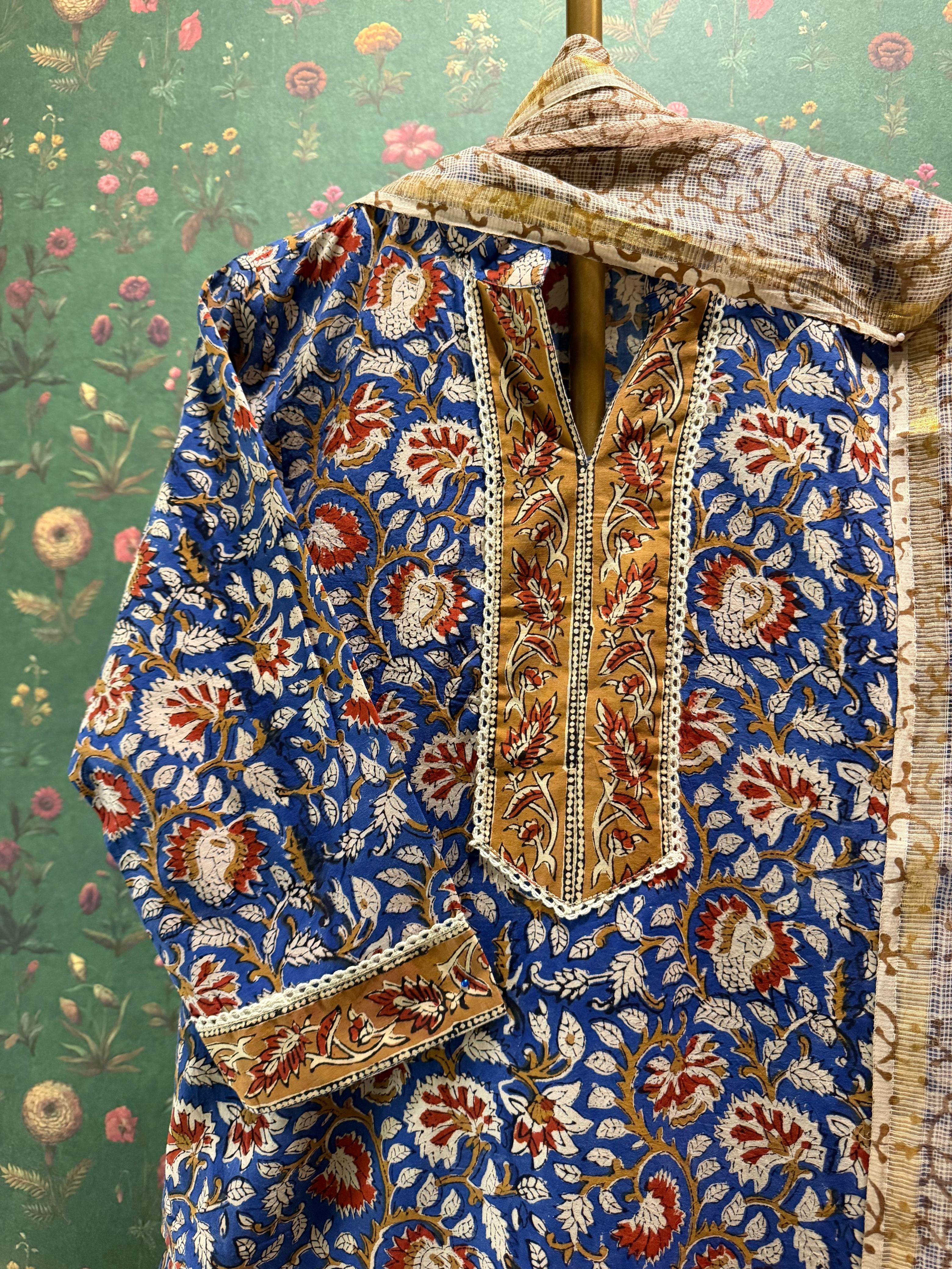 Royal Blue Floral Printed Cotton Suit Set, with Kota Doria Dupatta | HER-751