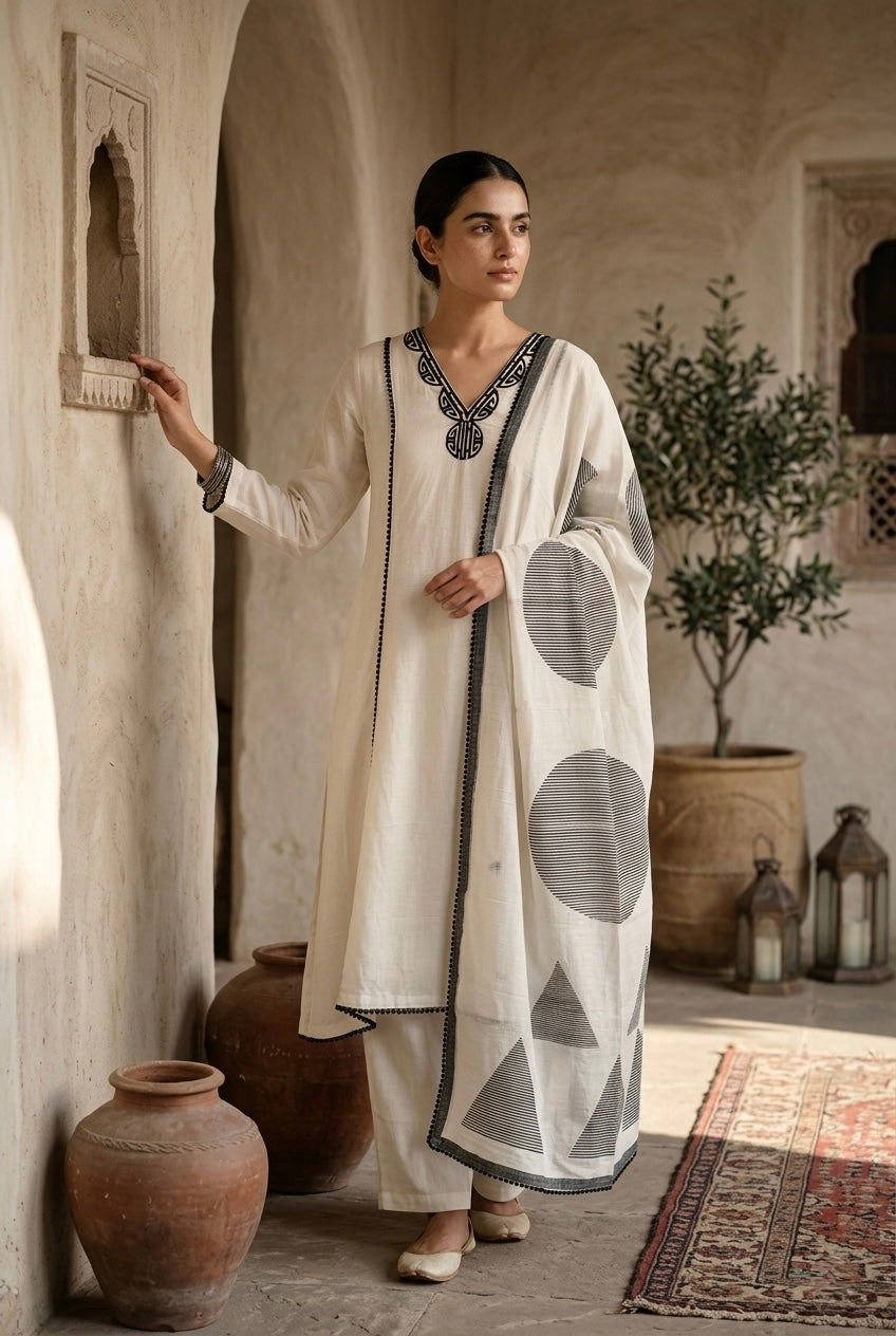 Ivory & Black Pure Linen A-line Suit Set | HER-823