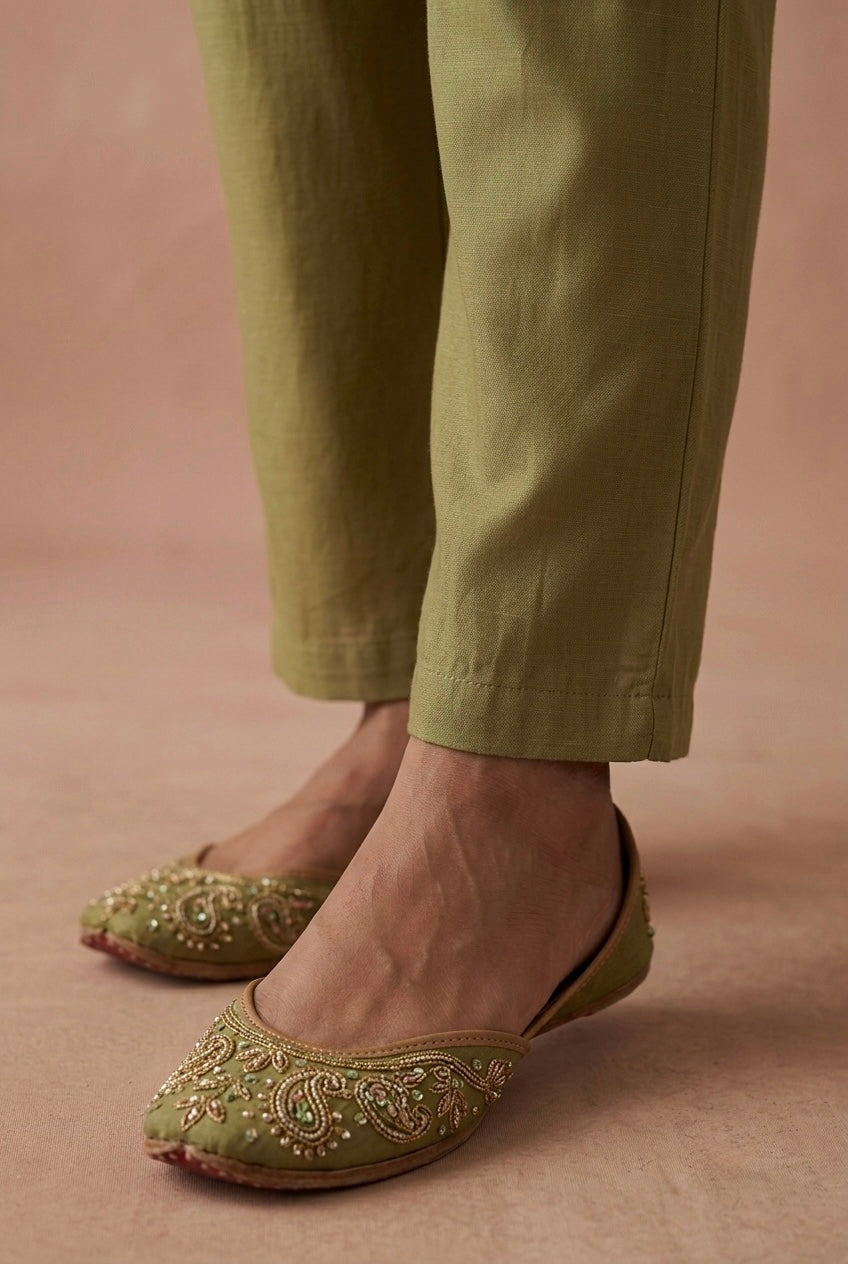 Olive Green Embellished Mul Chanderi A-Line Suit Set