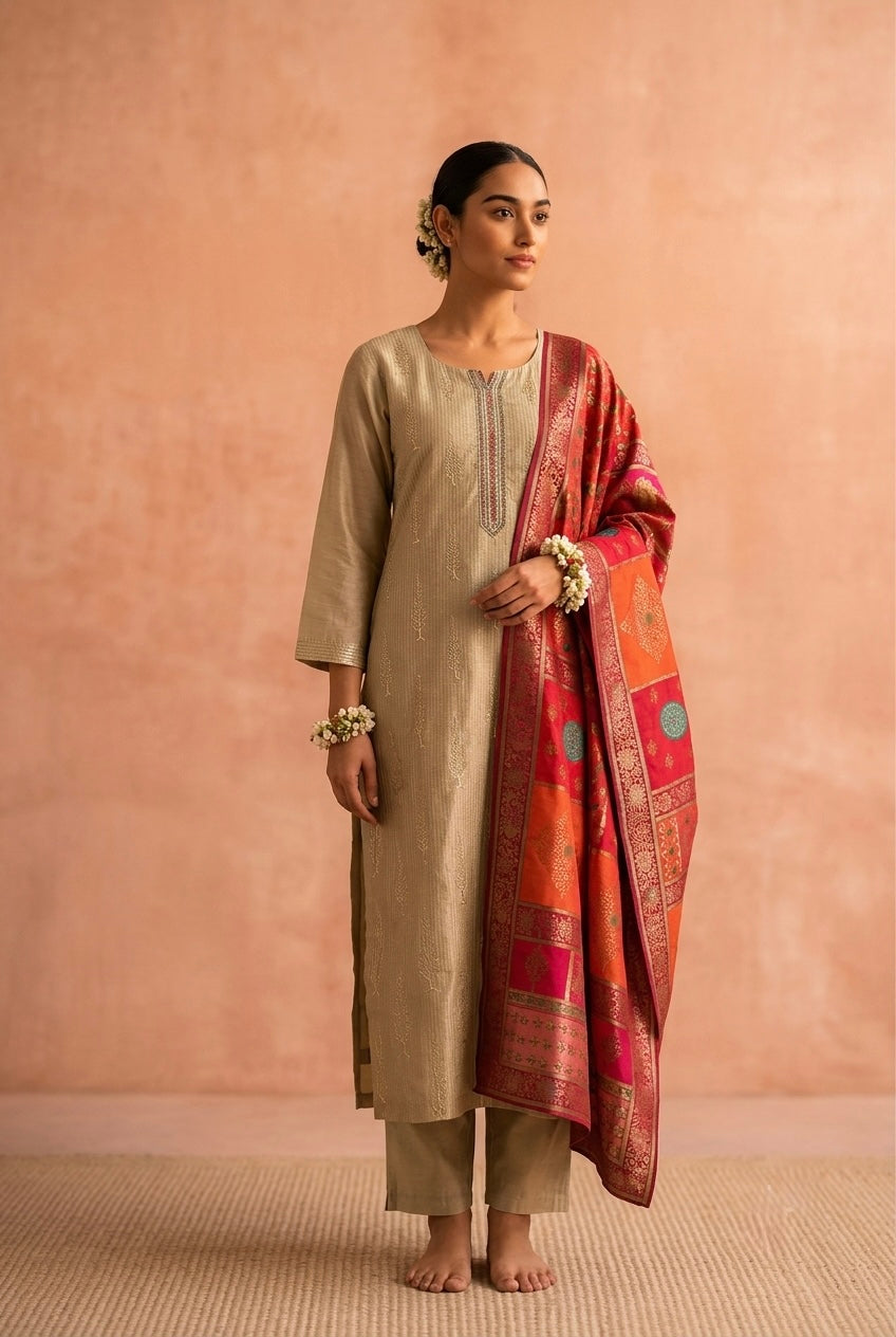 Zayna Gold Chanderi Suit Set with Banarasi Dupatta | HER-486