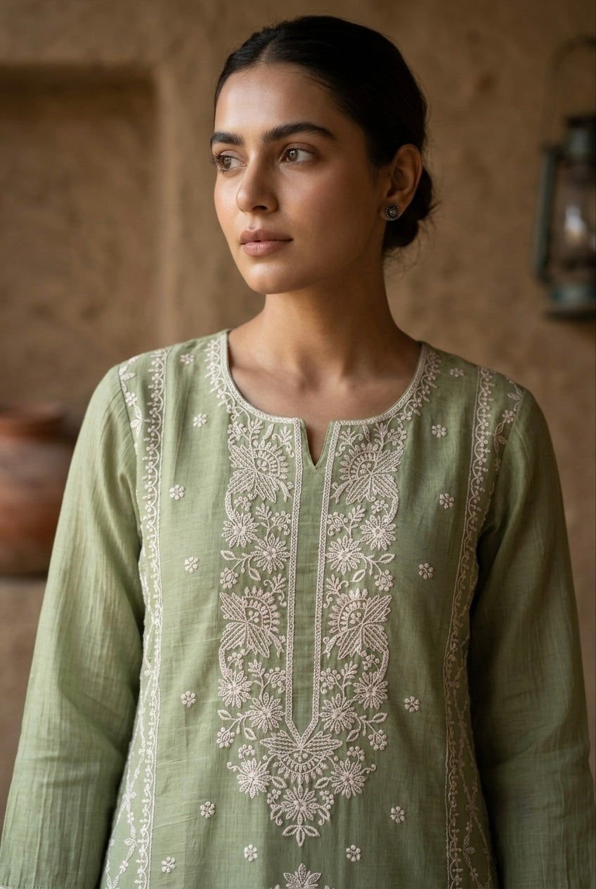 Pistachio Green Embroidered Mul-Chanderi Suit Set