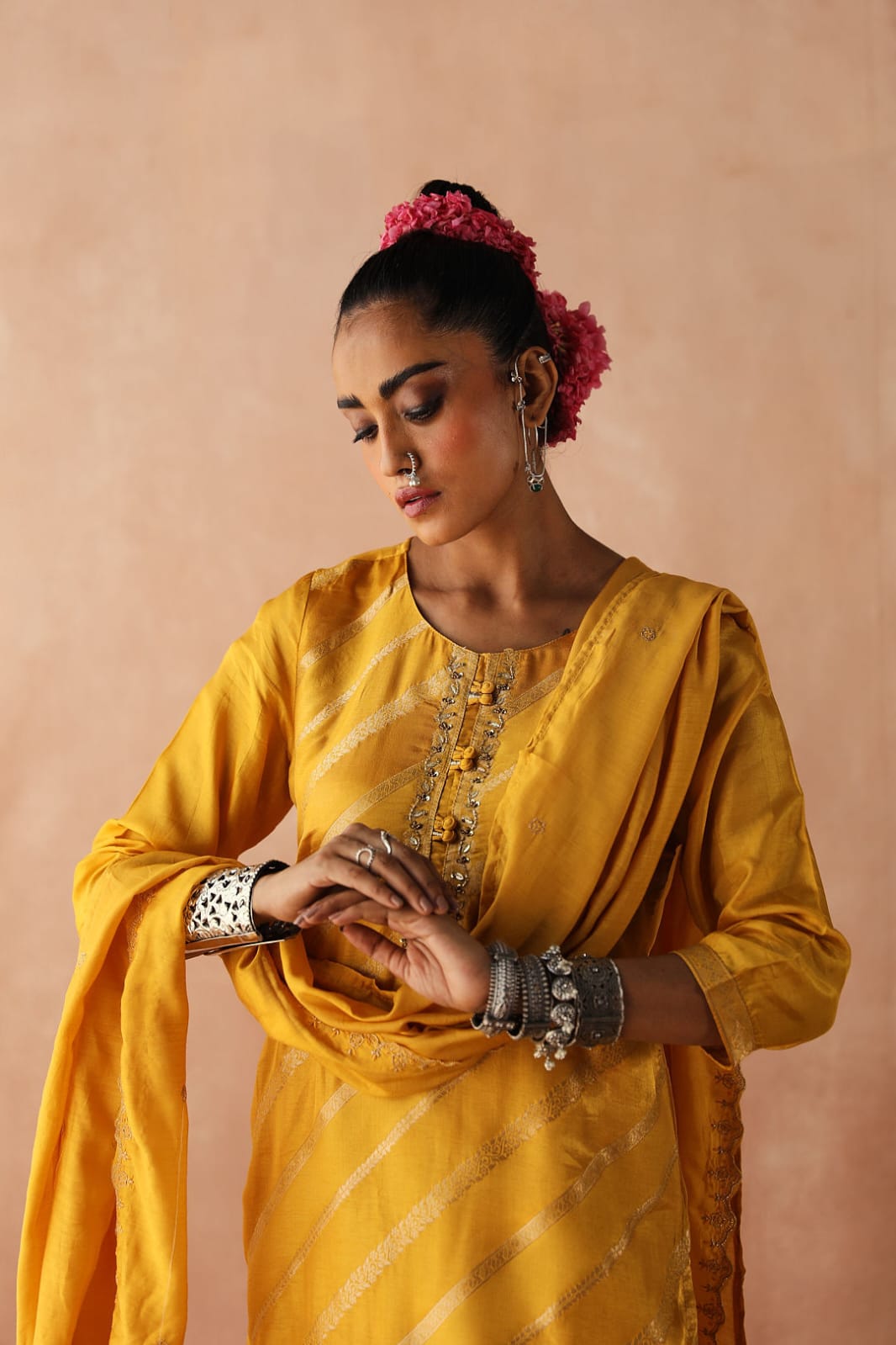 Yellow Zari Weaved Jacquard Suit Set
