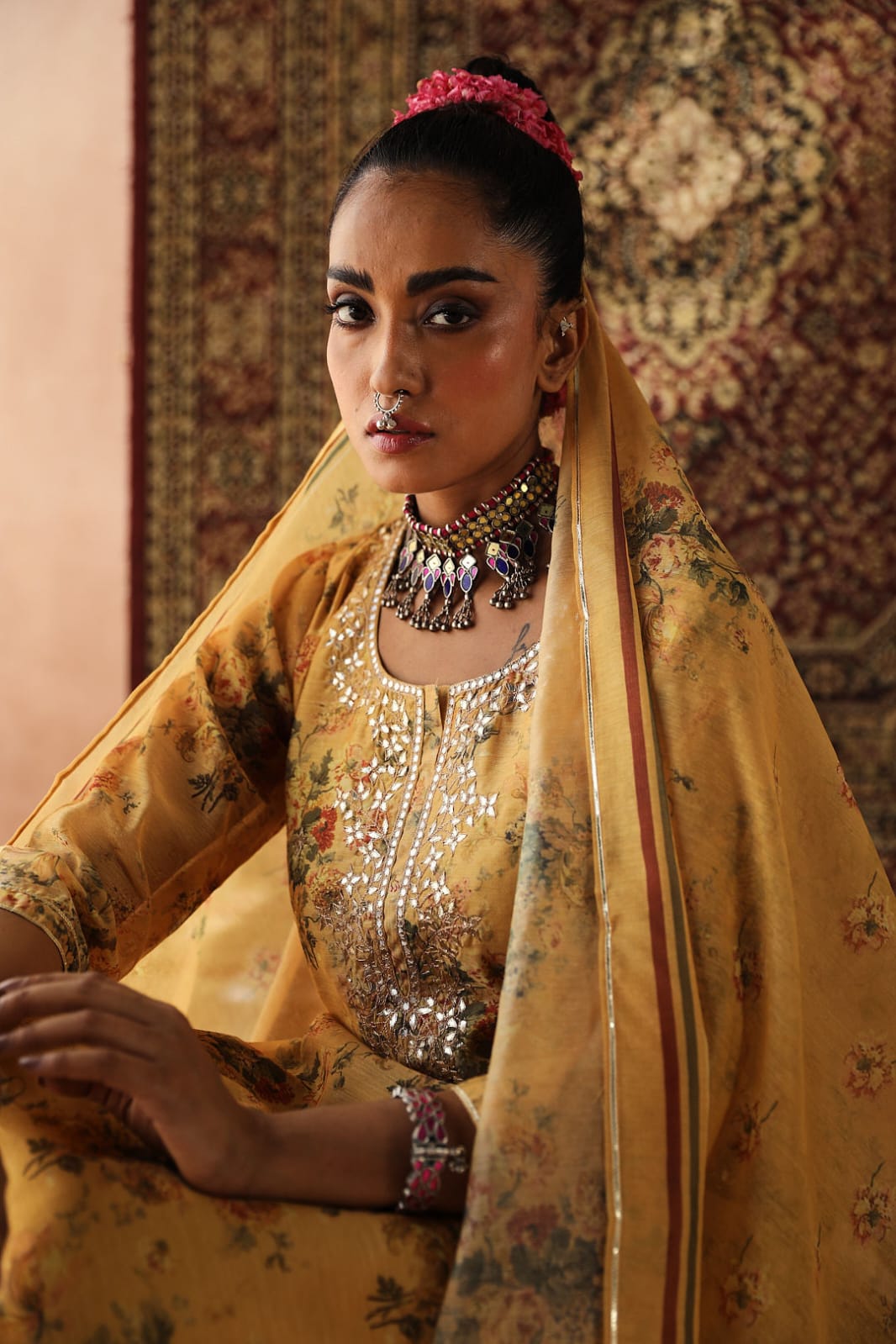 Heer Floral Yellow Chanderi Suit Set | HER-255