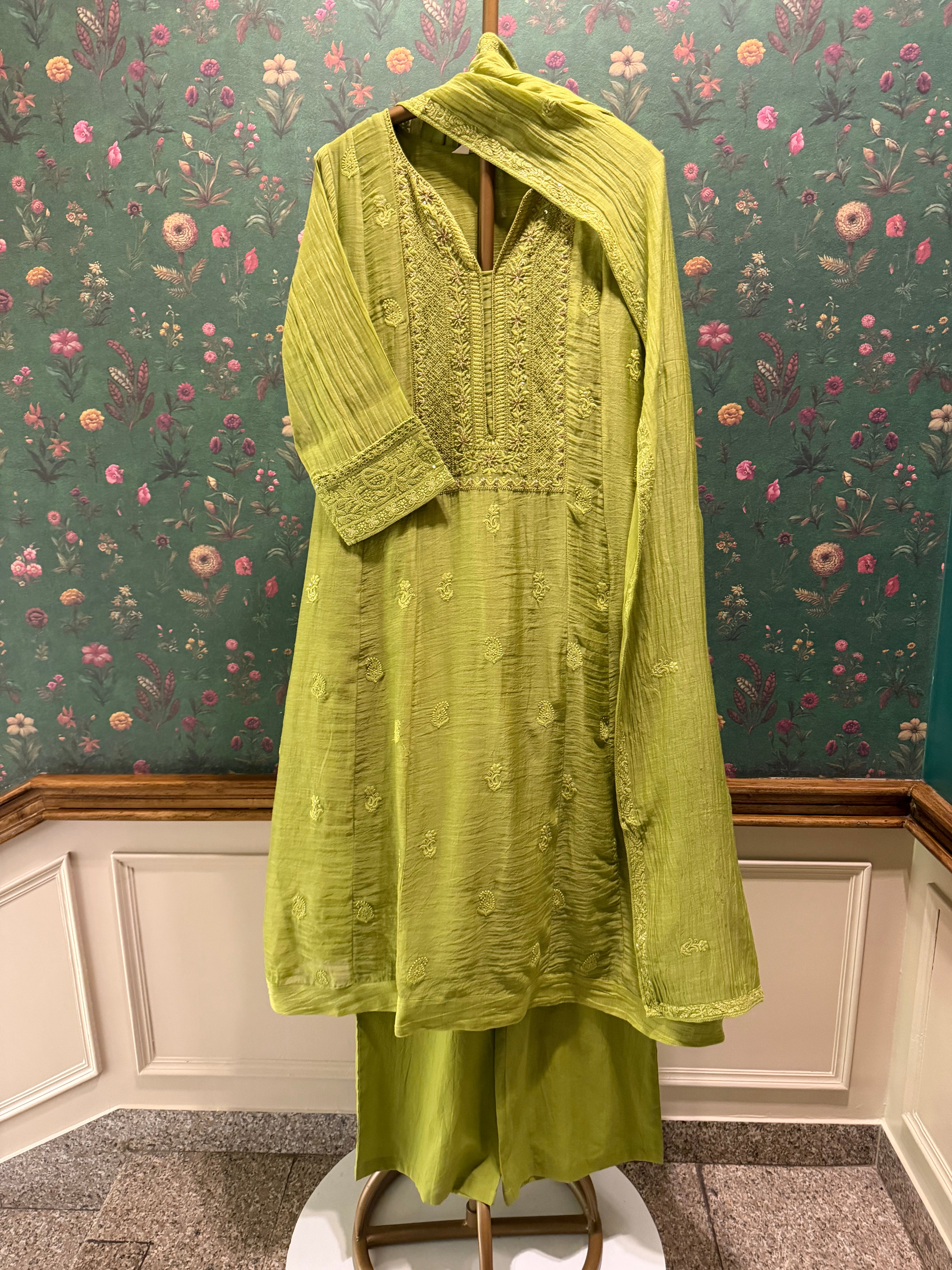Mehndi Green Chikankari A-Line Mul Chanderi Suit Suit Set | HER-627