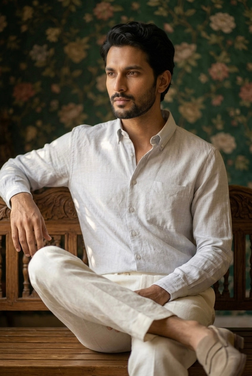 Men’s Off-White Striped Pure Linen Full Sleeves Shirt