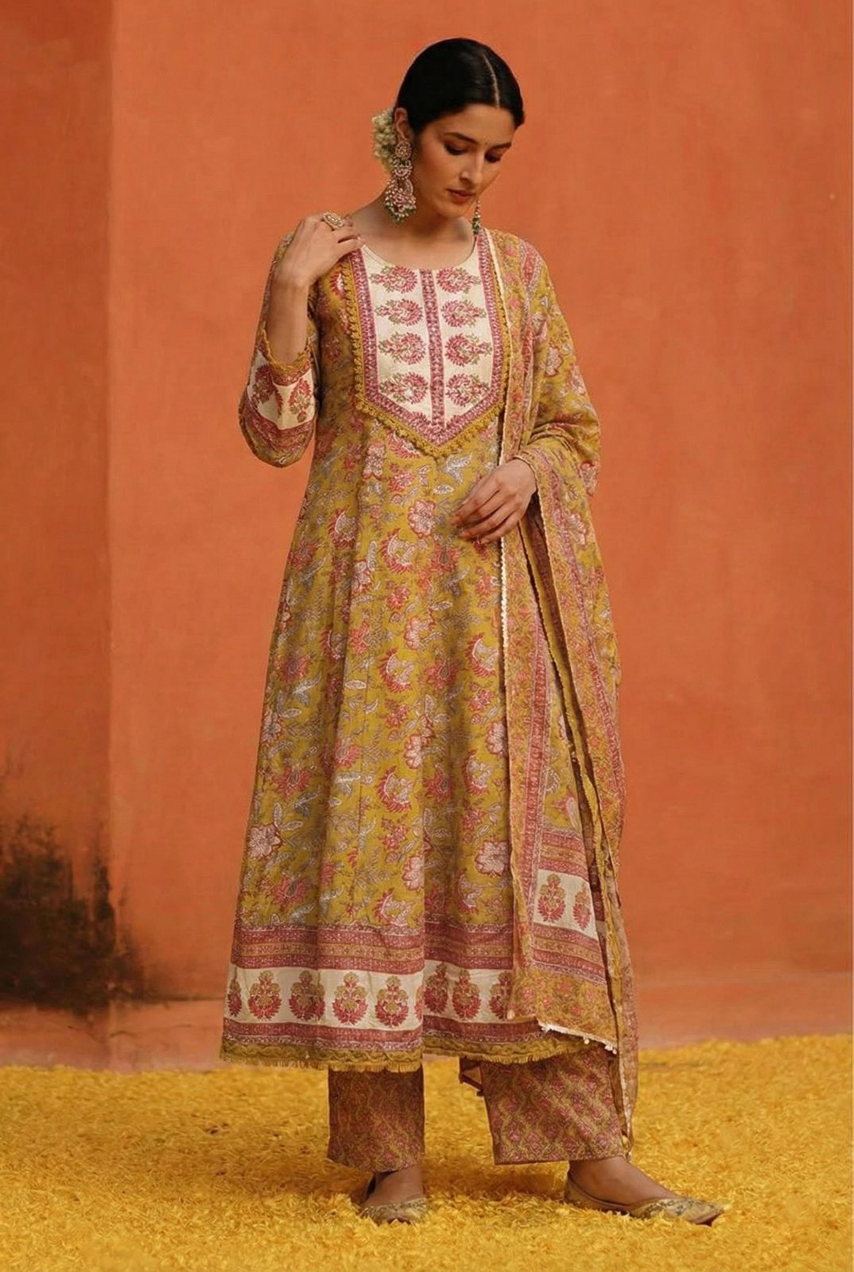 Mustard Cotton Anarkali Suit Set (With Pants and Dupatta)