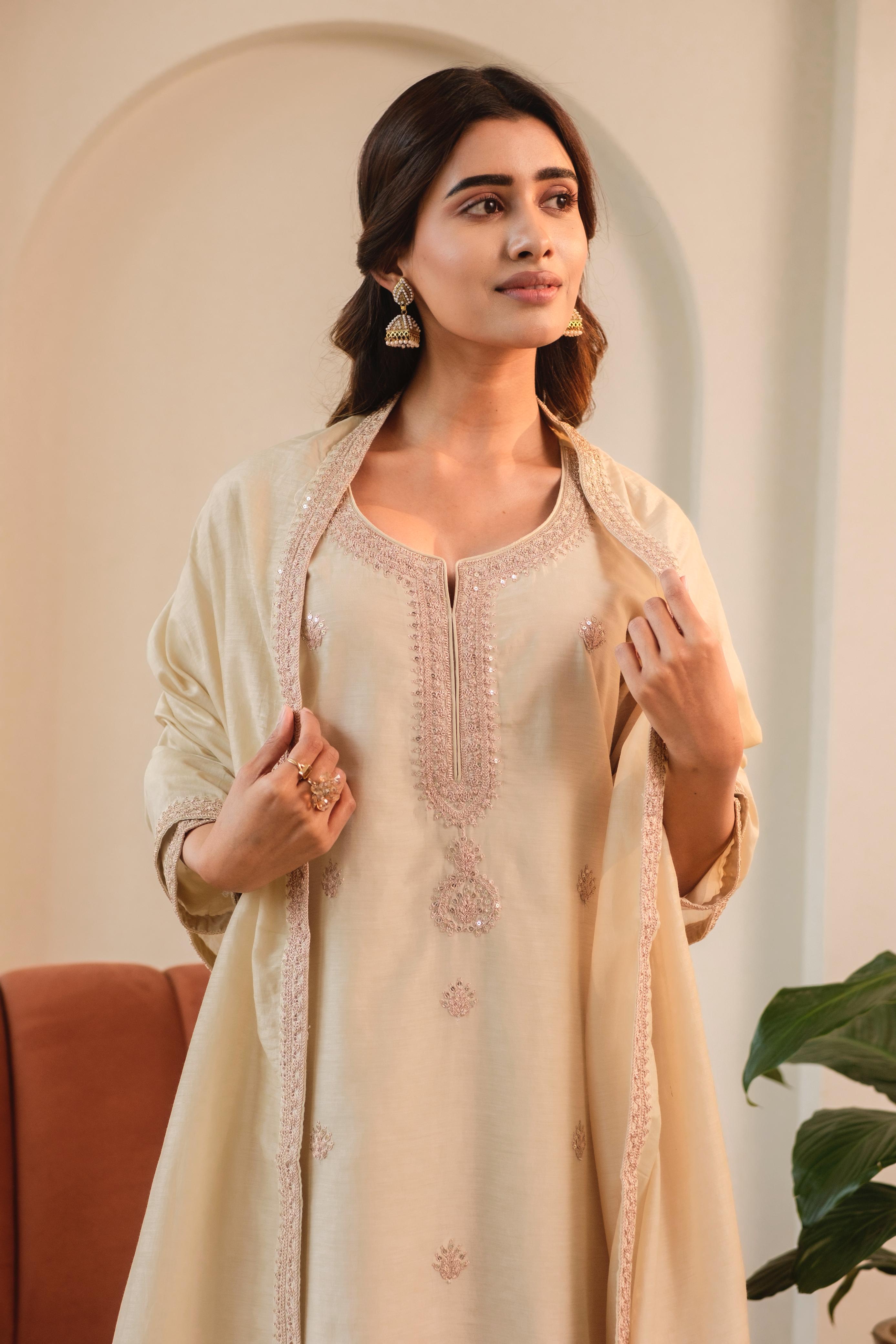 Aafreen Beige Mul Chanderi Embroidered Suit Set | HER-543