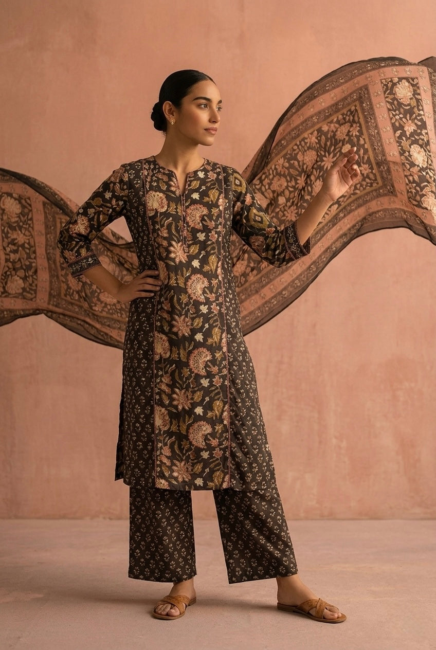Dark Brown Floral Printed A-Line Cotton Suit Set | HER-713