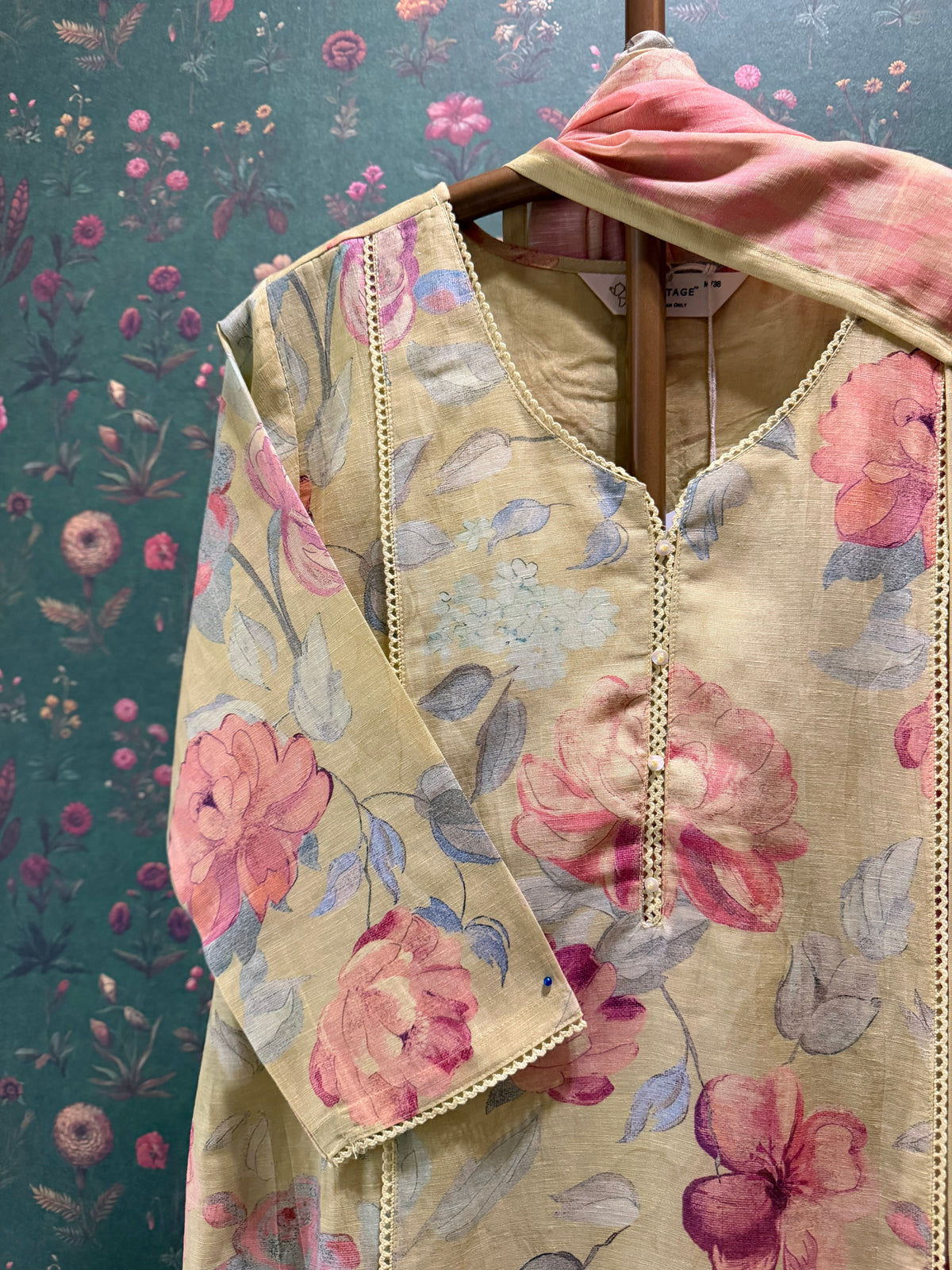 Pastel Lime Floral Printed Linen Cotton Suit Set | HER-768