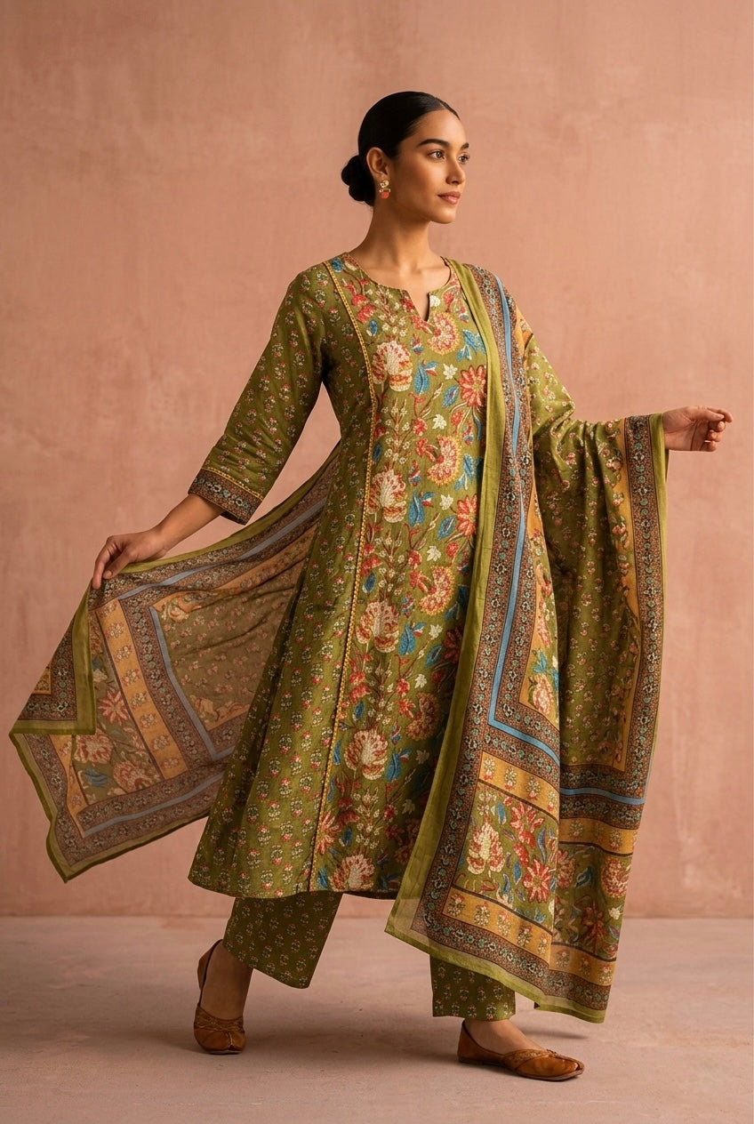 Olive Garden Floral Printed A-Line Suit Set | HER-713