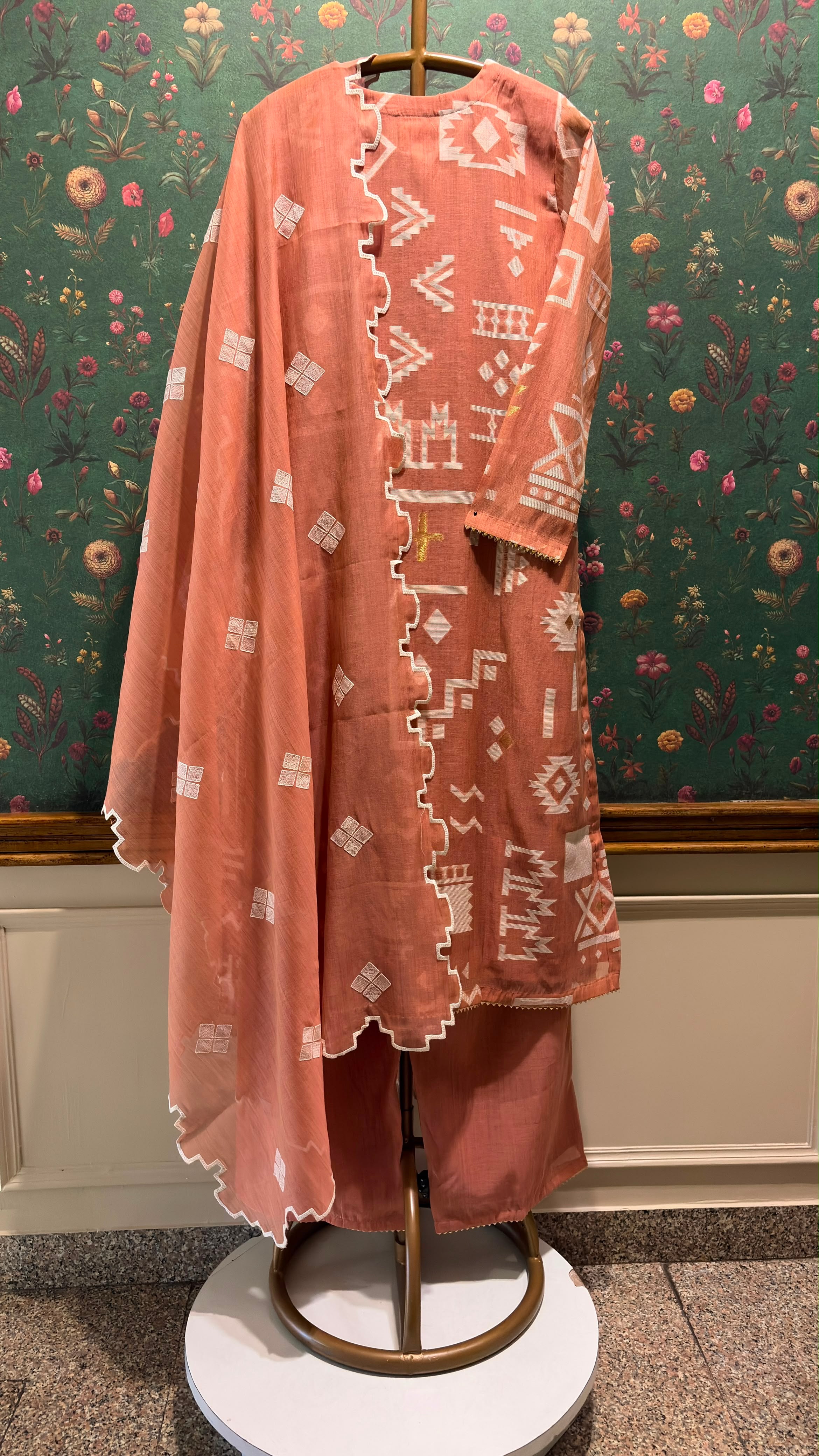 Coral Ikat-Inspired Chanderi Suit Set