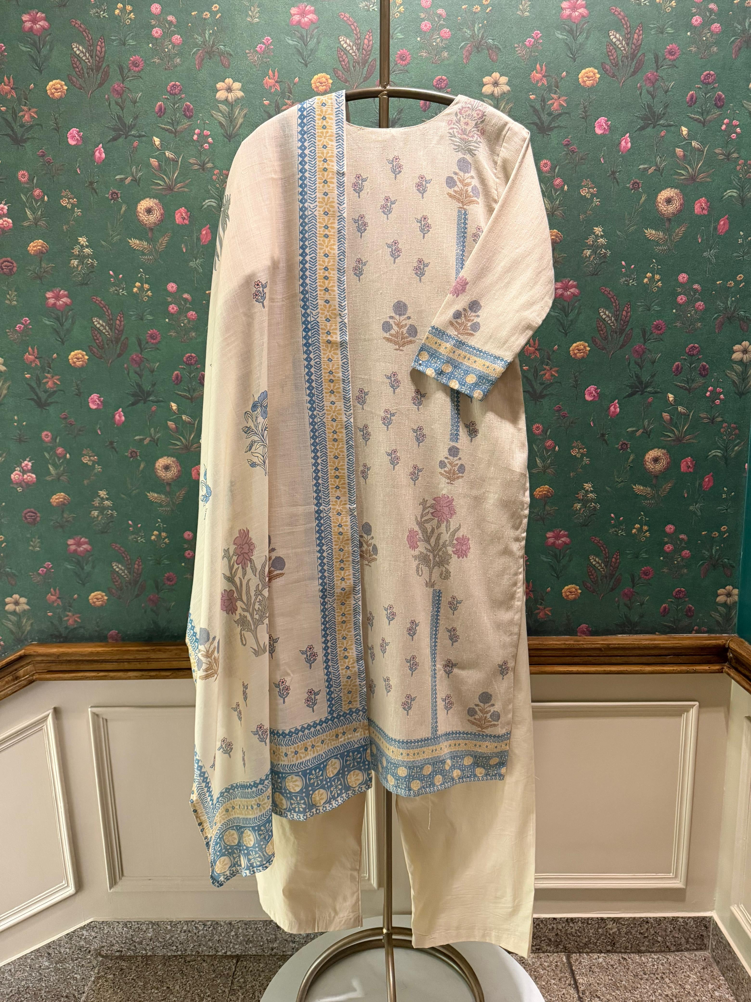 Beige Floral Embroidered Cotton Linen Suit Set | HER-668