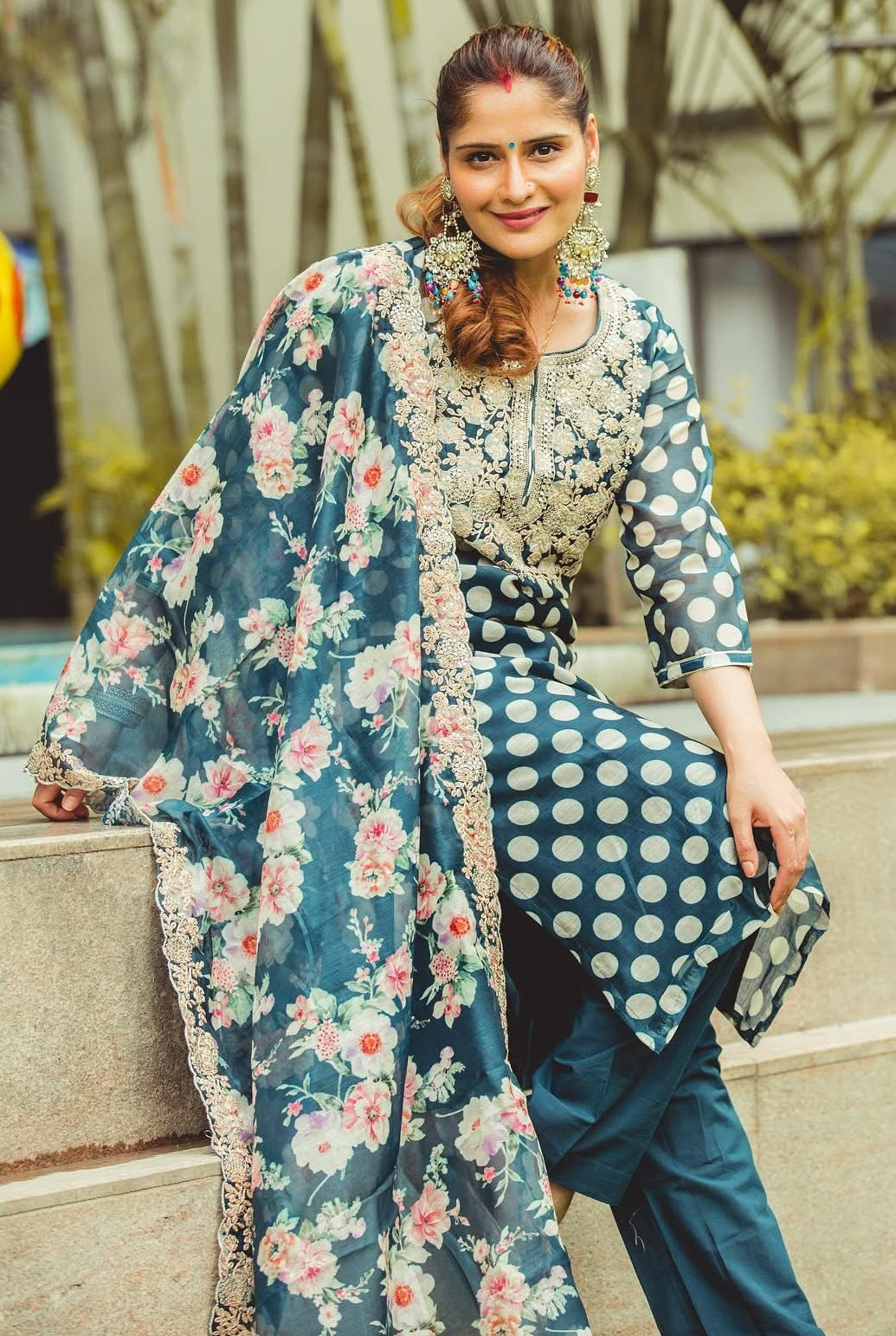 Blue Polka Chanderi Kurta Set | HER-253