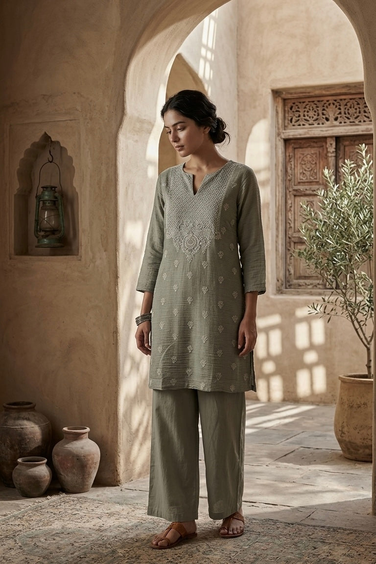 Olive Mul-Chanderi Kurta Set