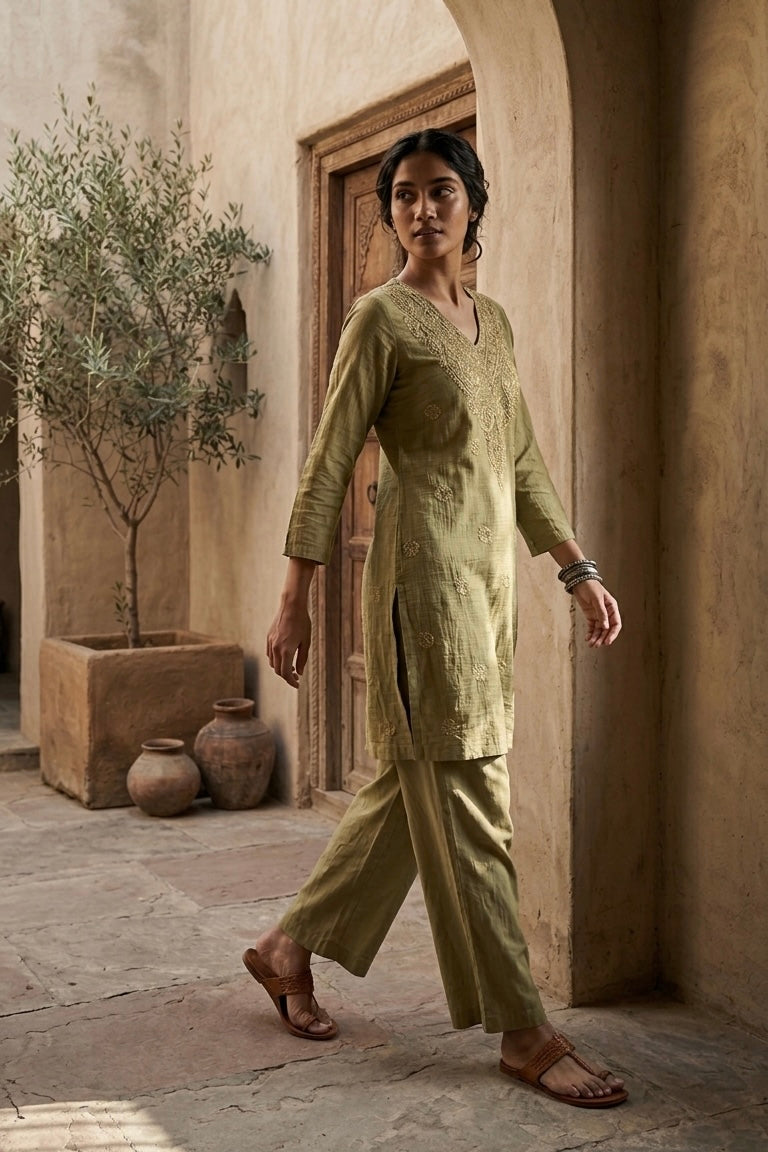 Sage Green Mul-Chanderi Kurta Set