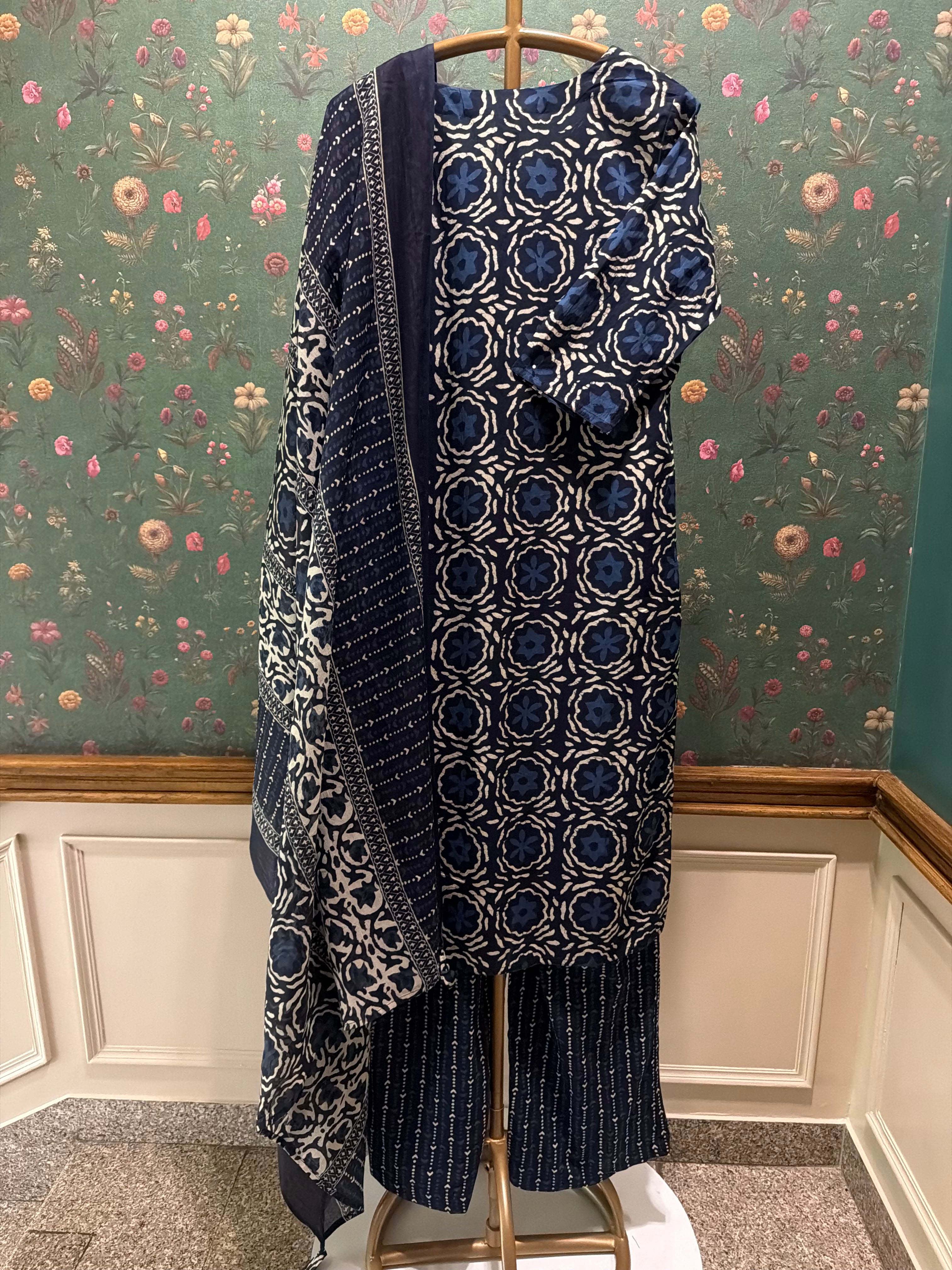Indigo Blue Medallion Printed Cotton Suit Set | HER-733