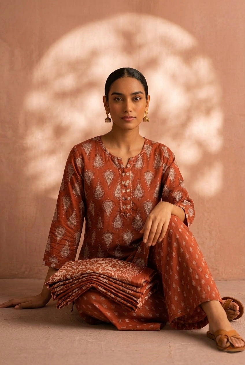 Rust Red Cotton Printed Suit Set | HER-691