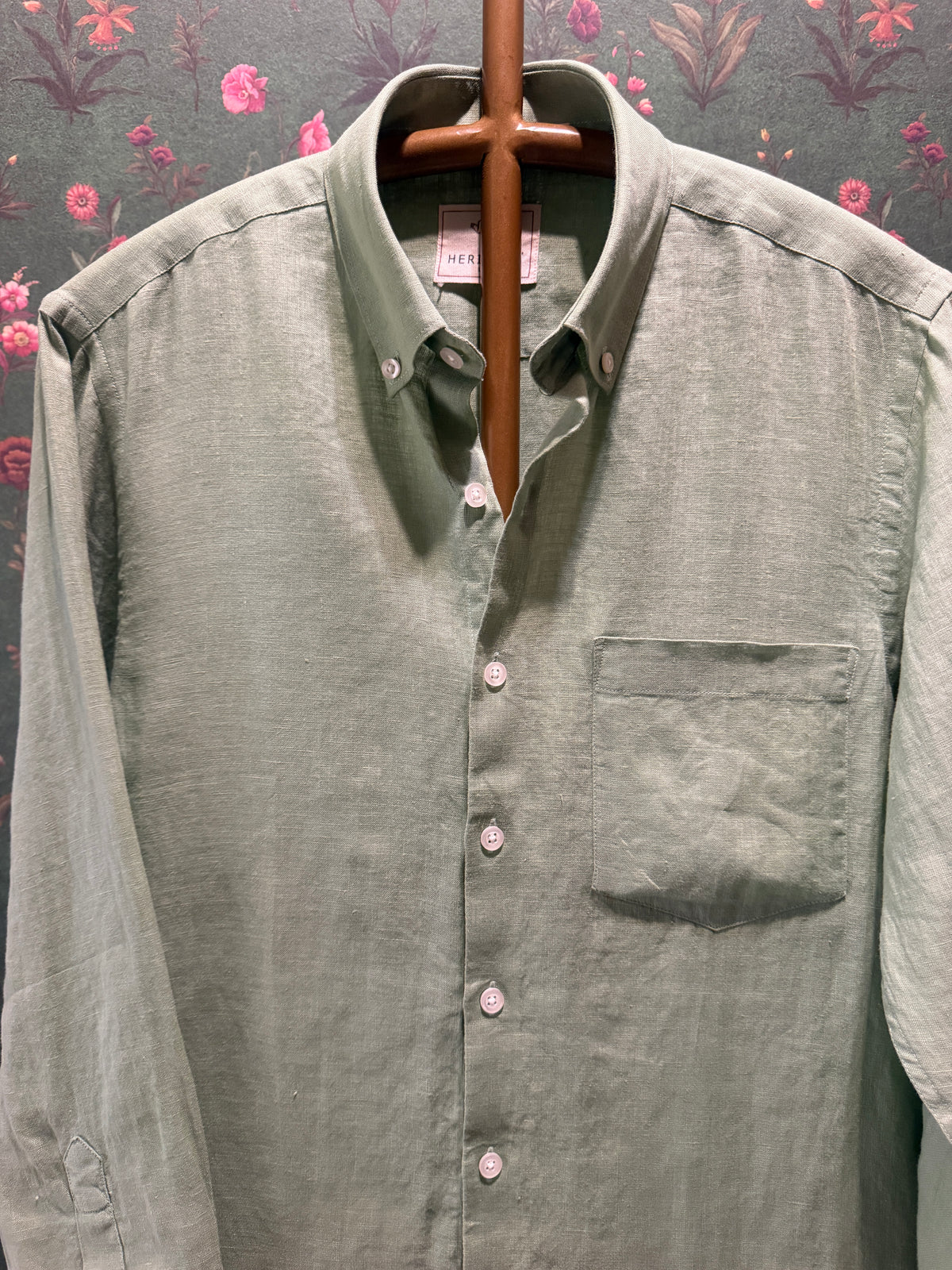 Men’s Sage Green Pure Linen Full Sleeves Shirt