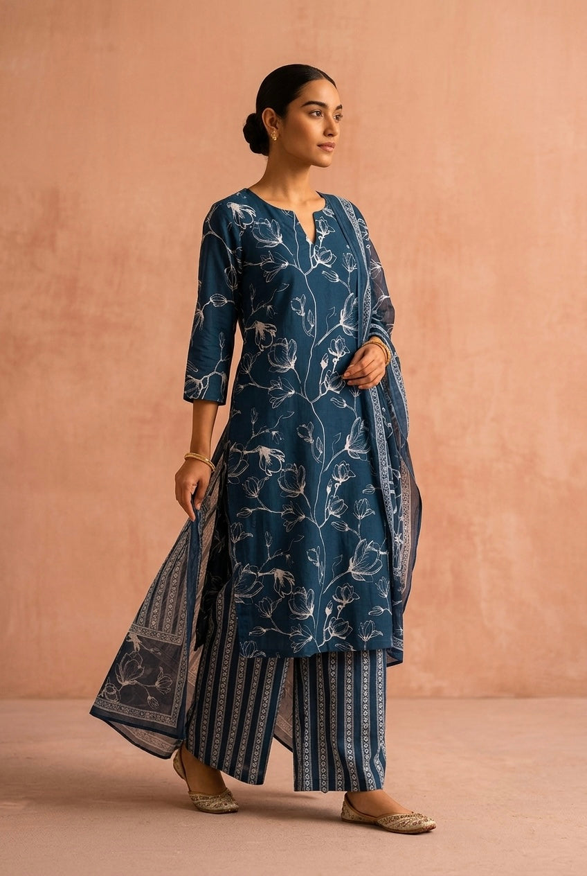 Blue Printed Suit Cotton Set | HER-728