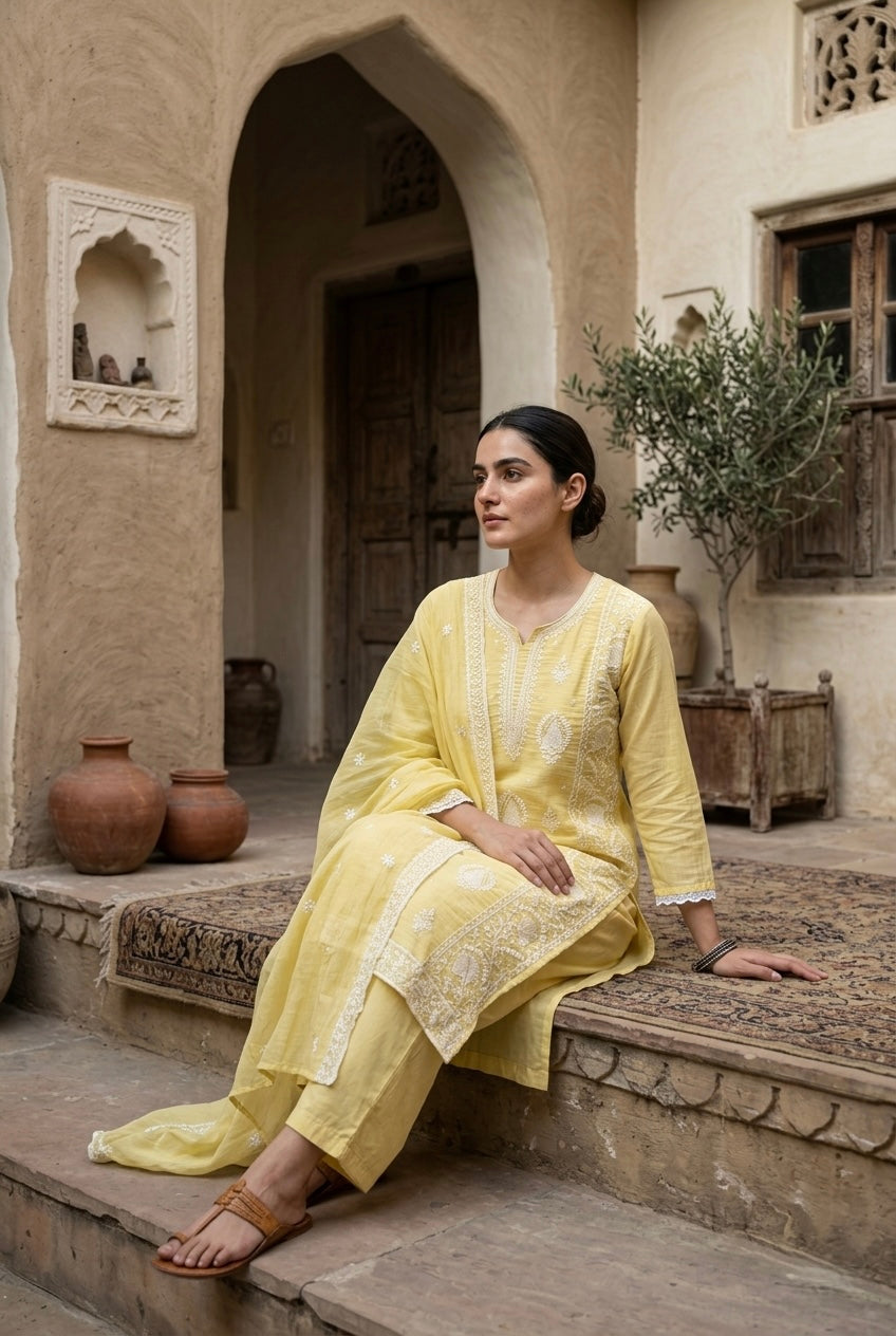 Pastel Yellow Embroidered Mul-Chanderi Suit Set | HER-788