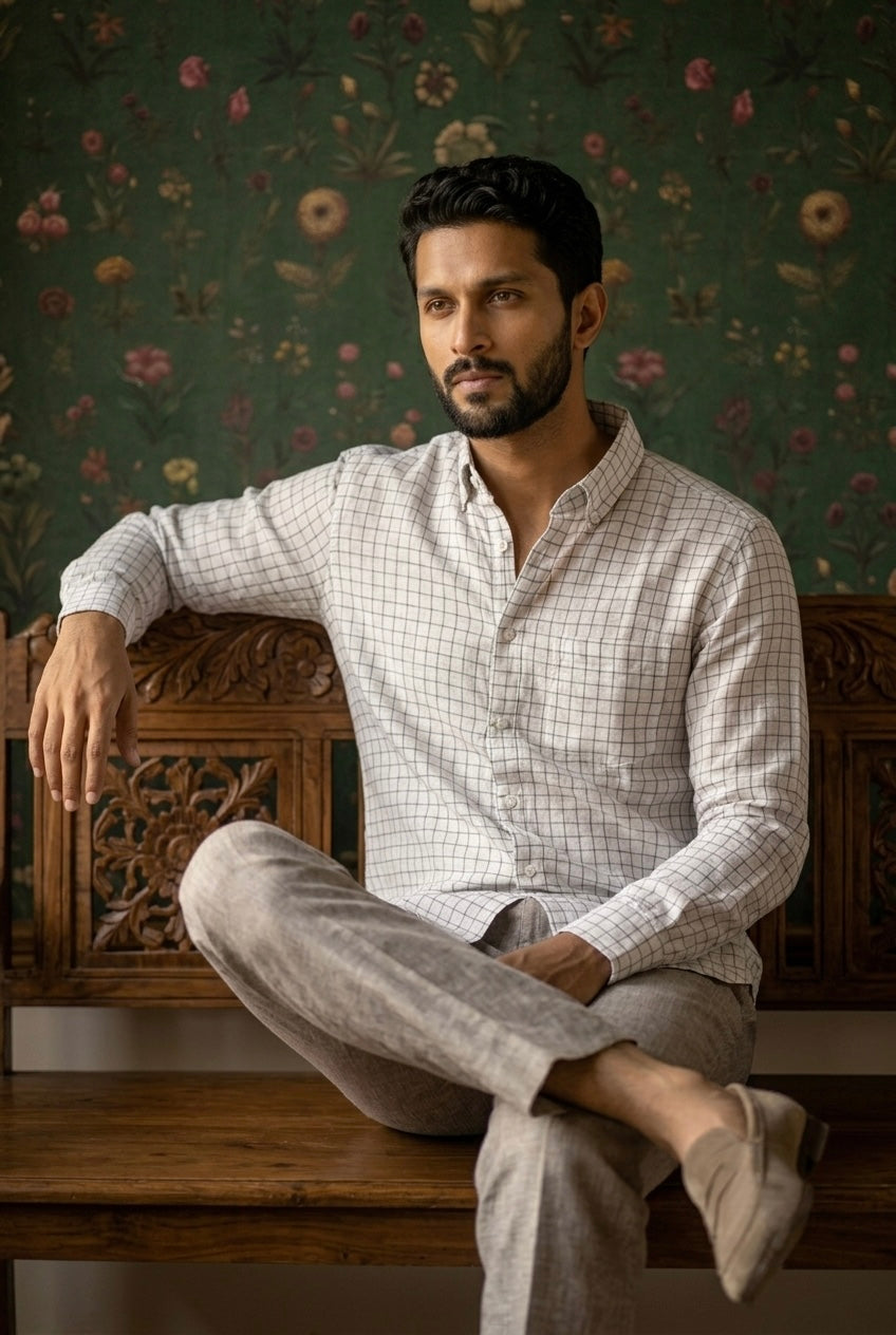 Men’s Ivory Grey Windowpane Check Pure Linen Full Sleeves Shirt