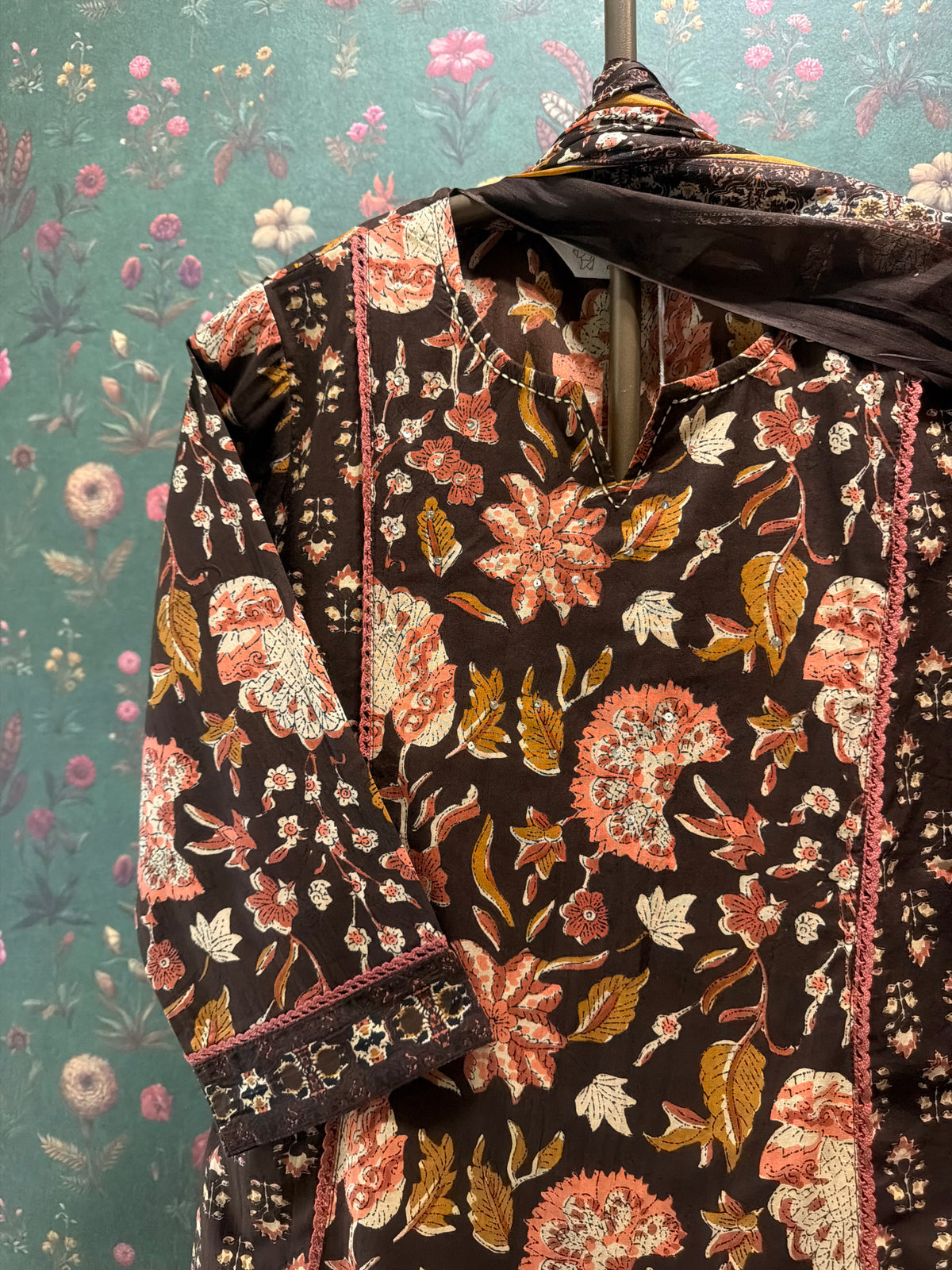 Dark Brown Floral Printed A-Line Cotton Suit Set | HER-713