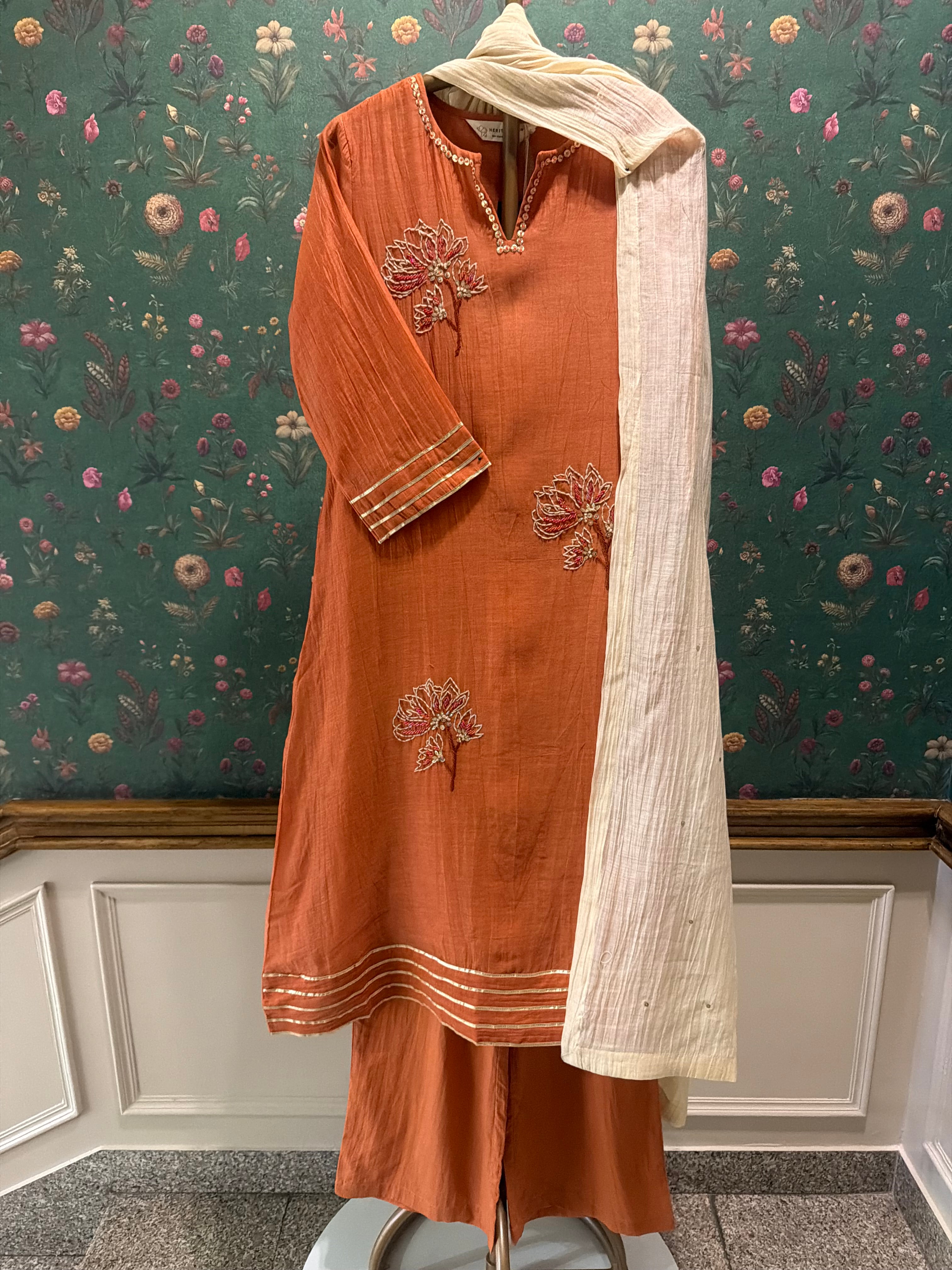 Rust Orange Embroidered A-Line Mul Chanderi Suit Set x Gargi Shah | HER-624