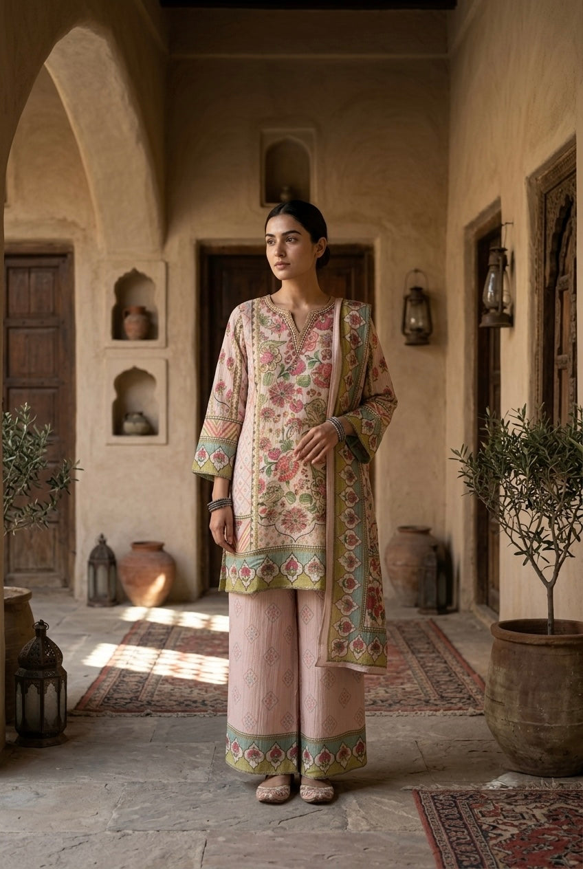 Pastel Pink Crushed Tissue Floral Suit Set | HER-776