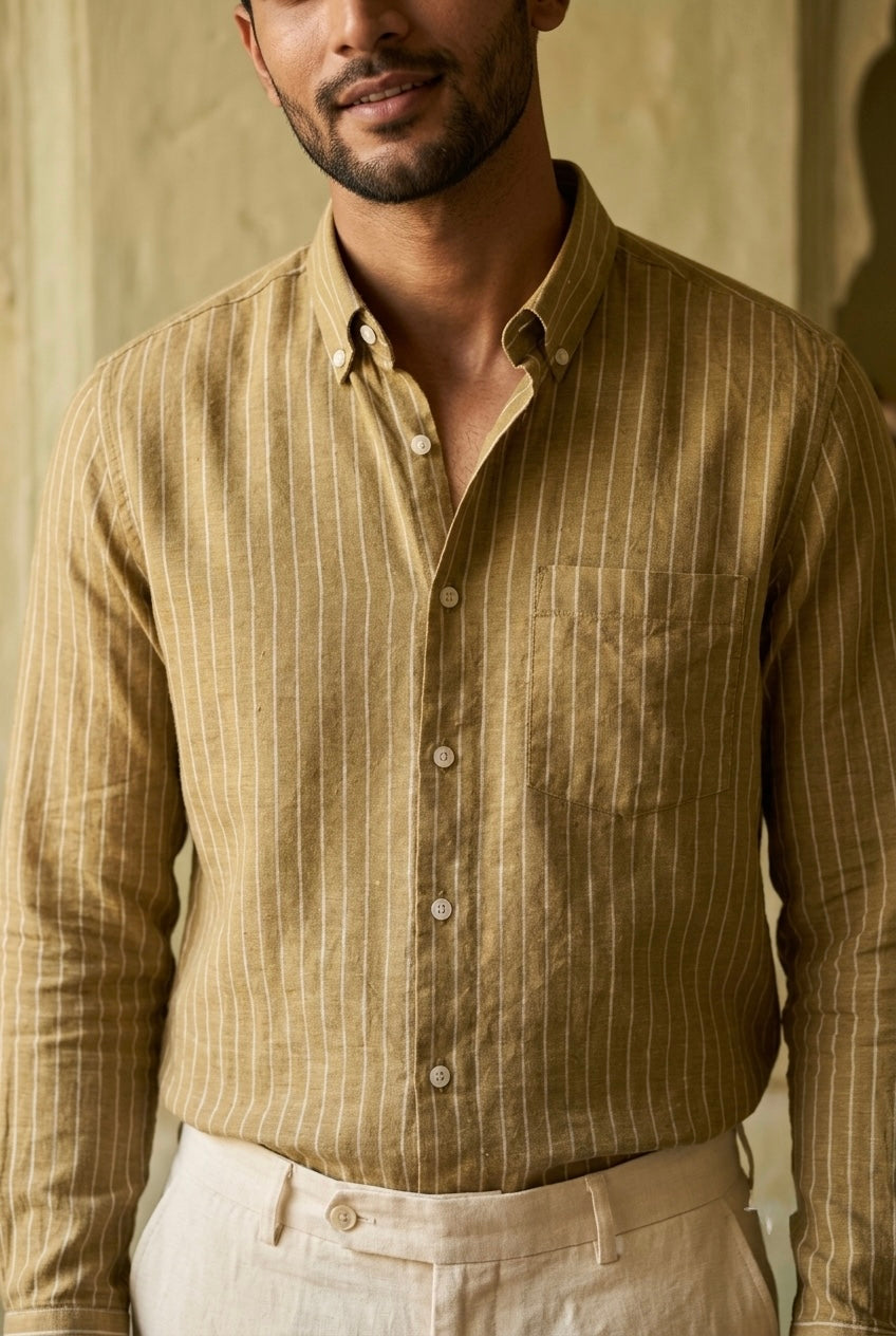 Tan Stripe Men’s Pure Linen Full Sleeves Shirt